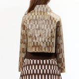 The LENTICULAR CROP BUTTON-UP JACKET TILE BROWN available online with global shipping, and in PAM Stores Melbourne and Sydney.