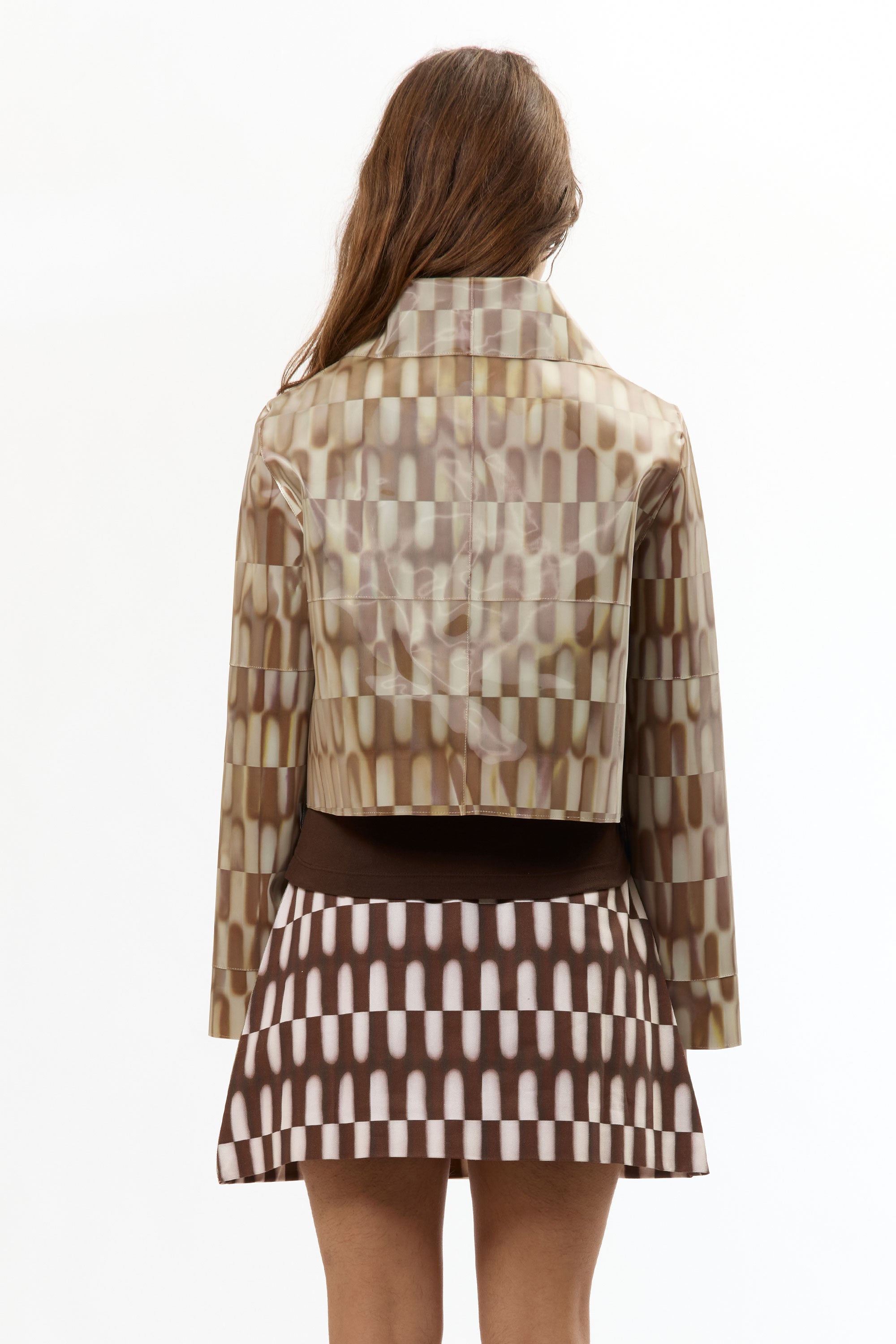 The LENTICULAR CROP BUTTON-UP JACKET TILE BROWN available online with global shipping, and in PAM Stores Melbourne and Sydney.