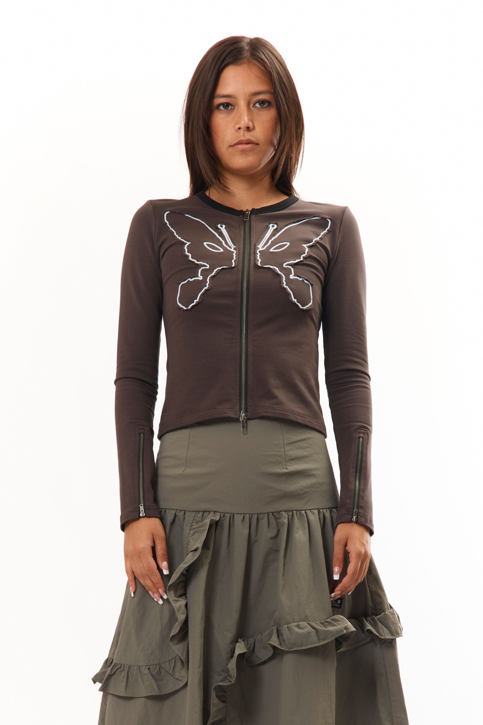 The KOSMIC KISS ZIPPED CARDIGAN available online with global shipping, and in PAM Stores Melbourne and Sydney.