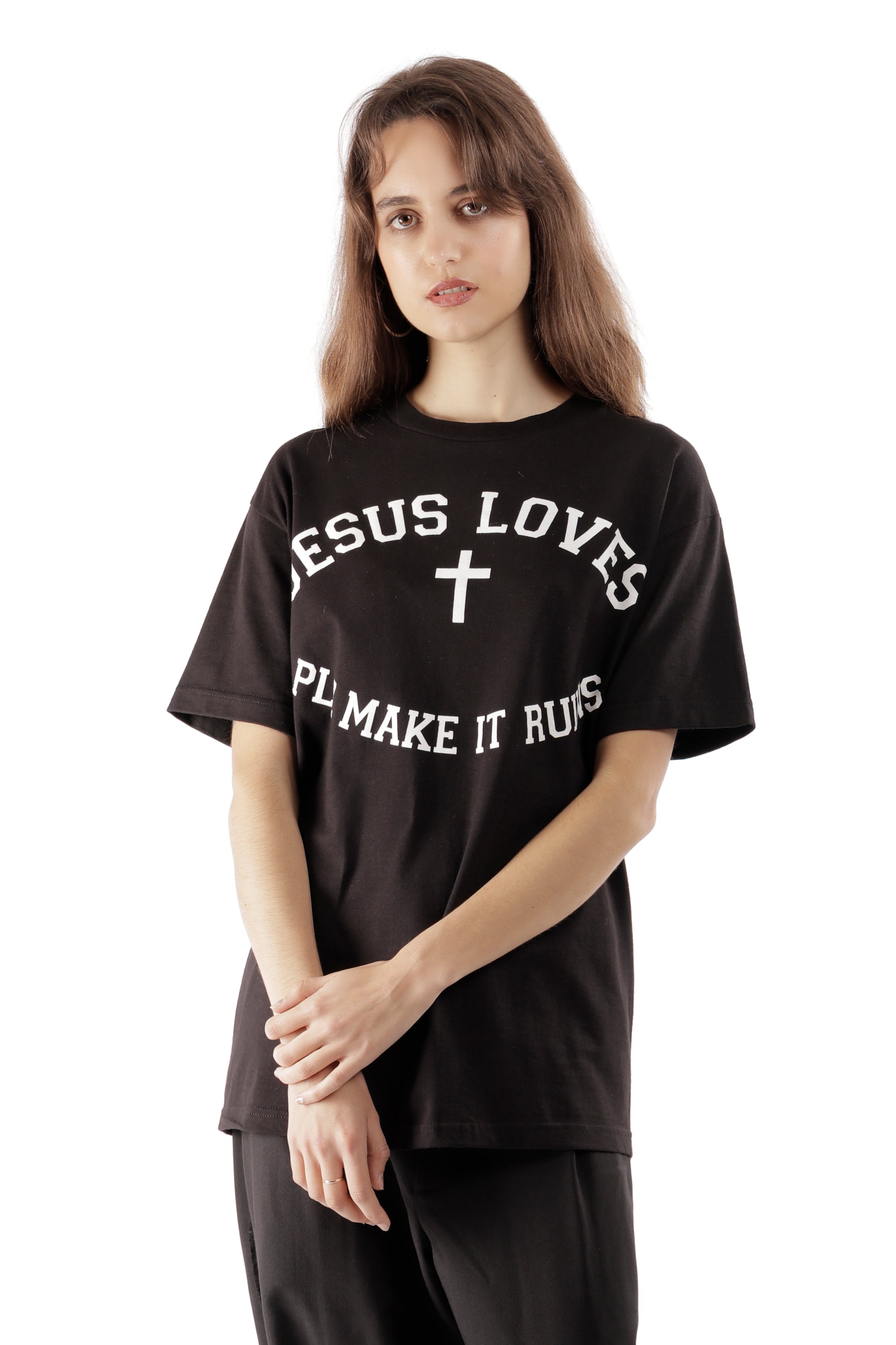 The Jesus Loves Tee Shirt Black available online with global shipping, and in PAM Stores Melbourne and Sydney.