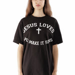The Jesus Loves Tee Shirt Black available online with global shipping, and in PAM Stores Melbourne and Sydney.