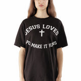 The Jesus Loves Tee Shirt Black available online with global shipping, and in PAM Stores Melbourne and Sydney.