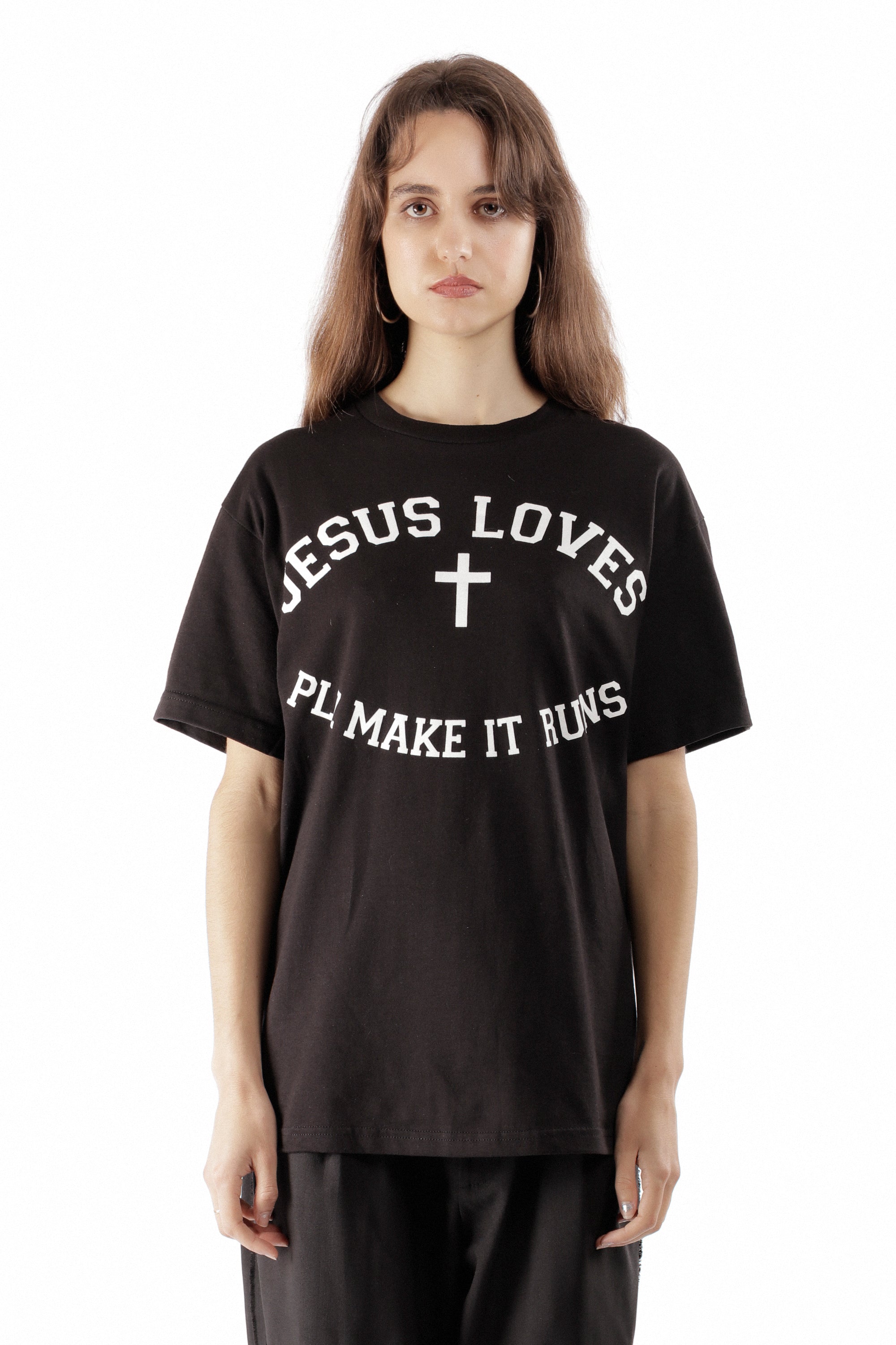 The Jesus Loves Tee Shirt Black available online with global shipping, and in PAM Stores Melbourne and Sydney.