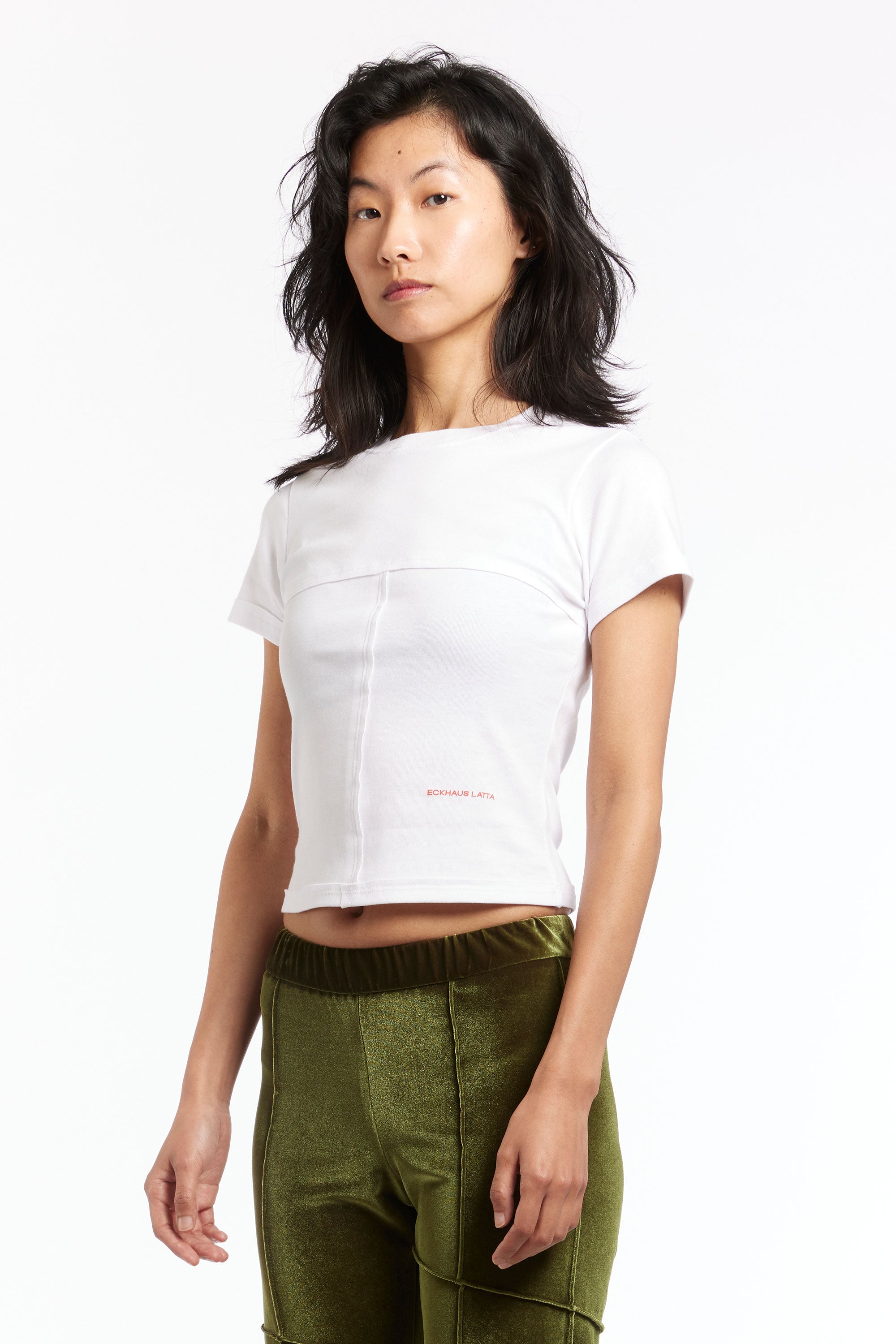 The ECKHAUS LATTA - LAPPED BABY TEE WHITE  available online with global shipping, and in PAM Stores Melbourne and Sydney.