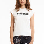 The TAX FRAUD BABY TEE available online with global shipping, and in PAM Stores Melbourne and Sydney.