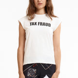 The TAX FRAUD BABY TEE available online with global shipping, and in PAM Stores Melbourne and Sydney.
