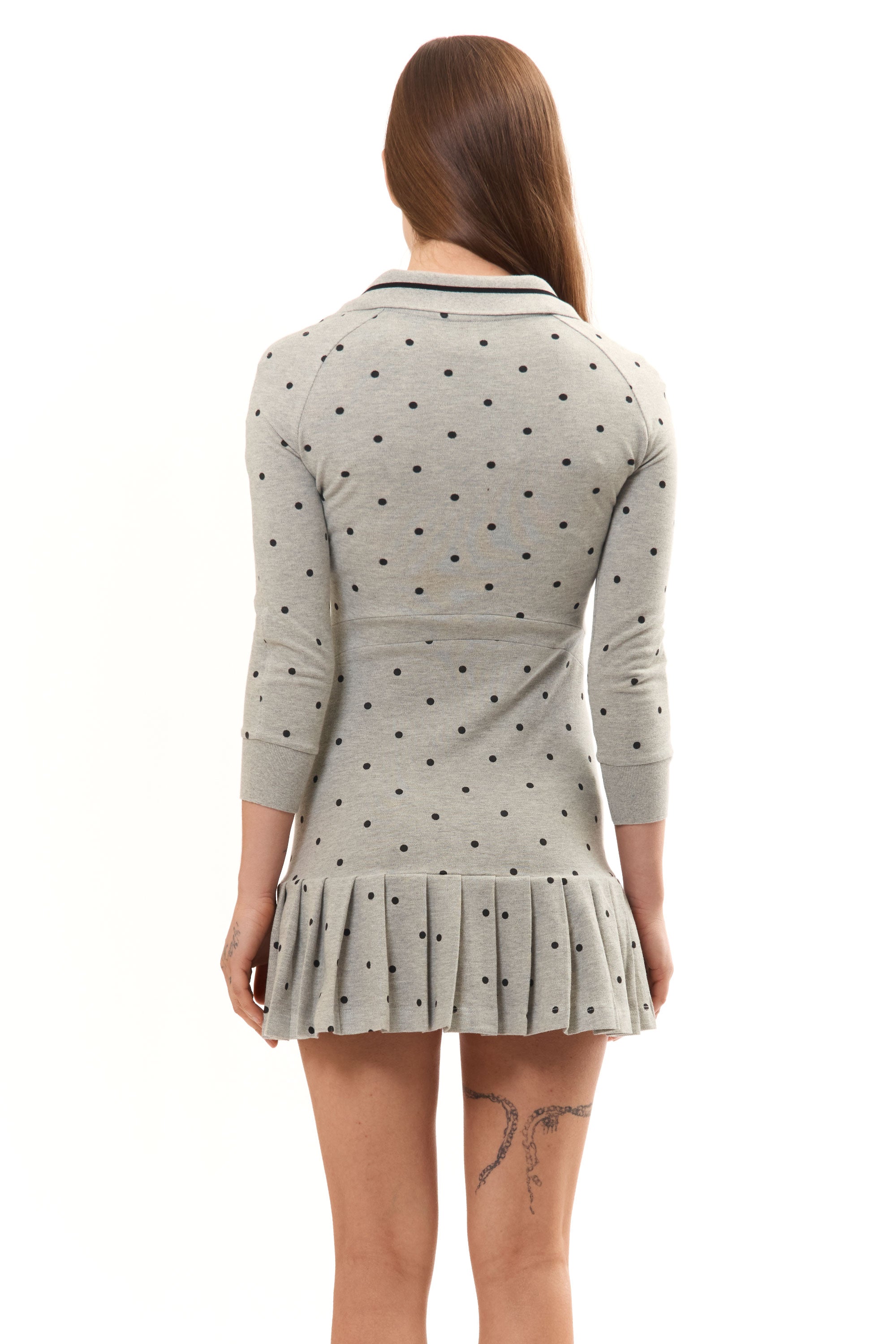 The GREY POLKA DOT L/S AMELIA SHORT DRESS available online with global shipping, and in PAM Stores Melbourne and Sydney.