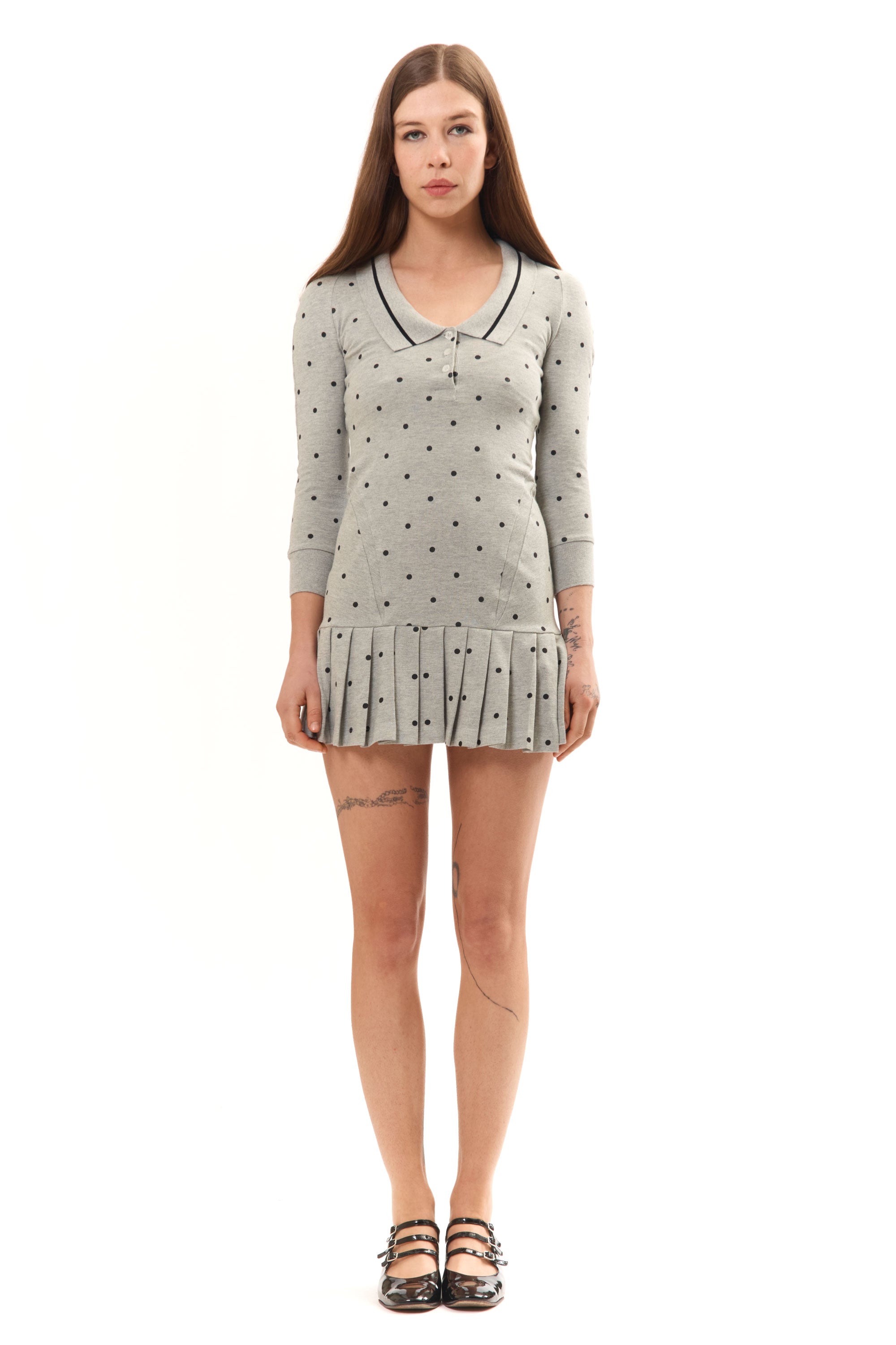 The GREY POLKA DOT L/S AMELIA SHORT DRESS available online with global shipping, and in PAM Stores Melbourne and Sydney.