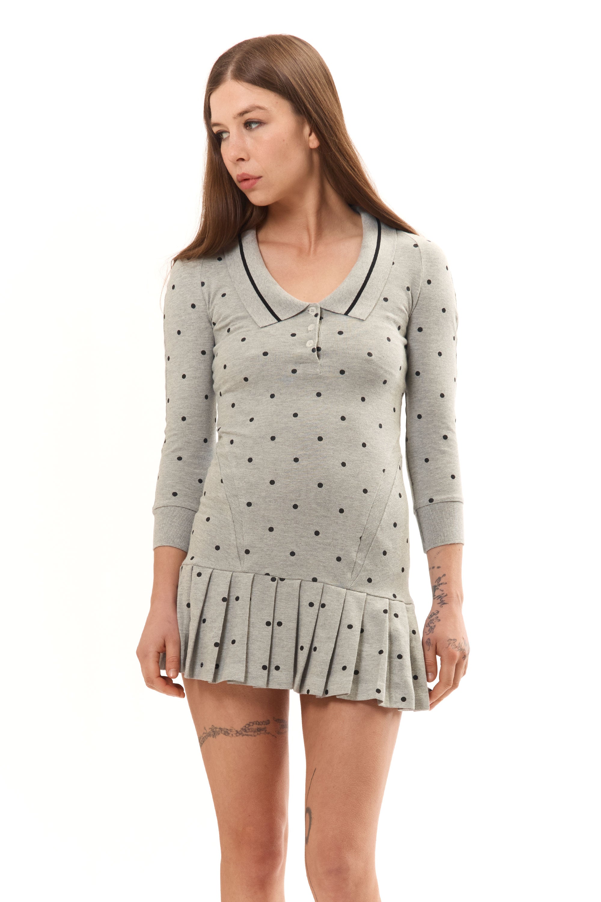 The GREY POLKA DOT L/S AMELIA SHORT DRESS available online with global shipping, and in PAM Stores Melbourne and Sydney.