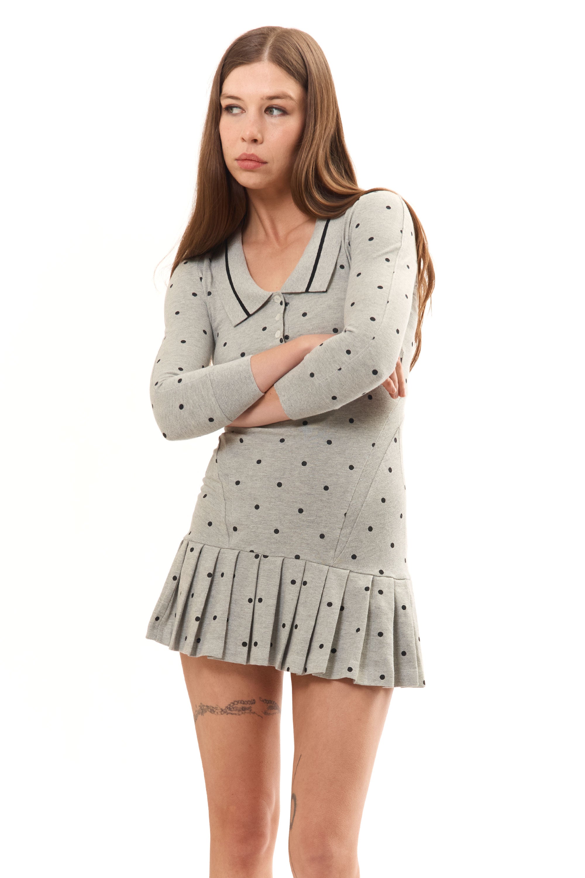 The GREY POLKA DOT L/S AMELIA SHORT DRESS available online with global shipping, and in PAM Stores Melbourne and Sydney.