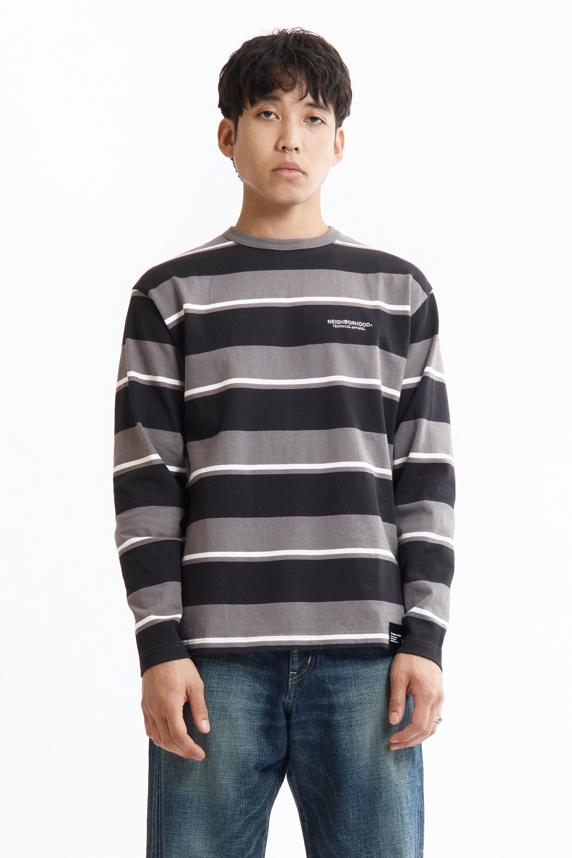 The SS26 BORDER CREW NECK LS GREY available online with global shipping, and in PAM Stores Melbourne and Sydney.