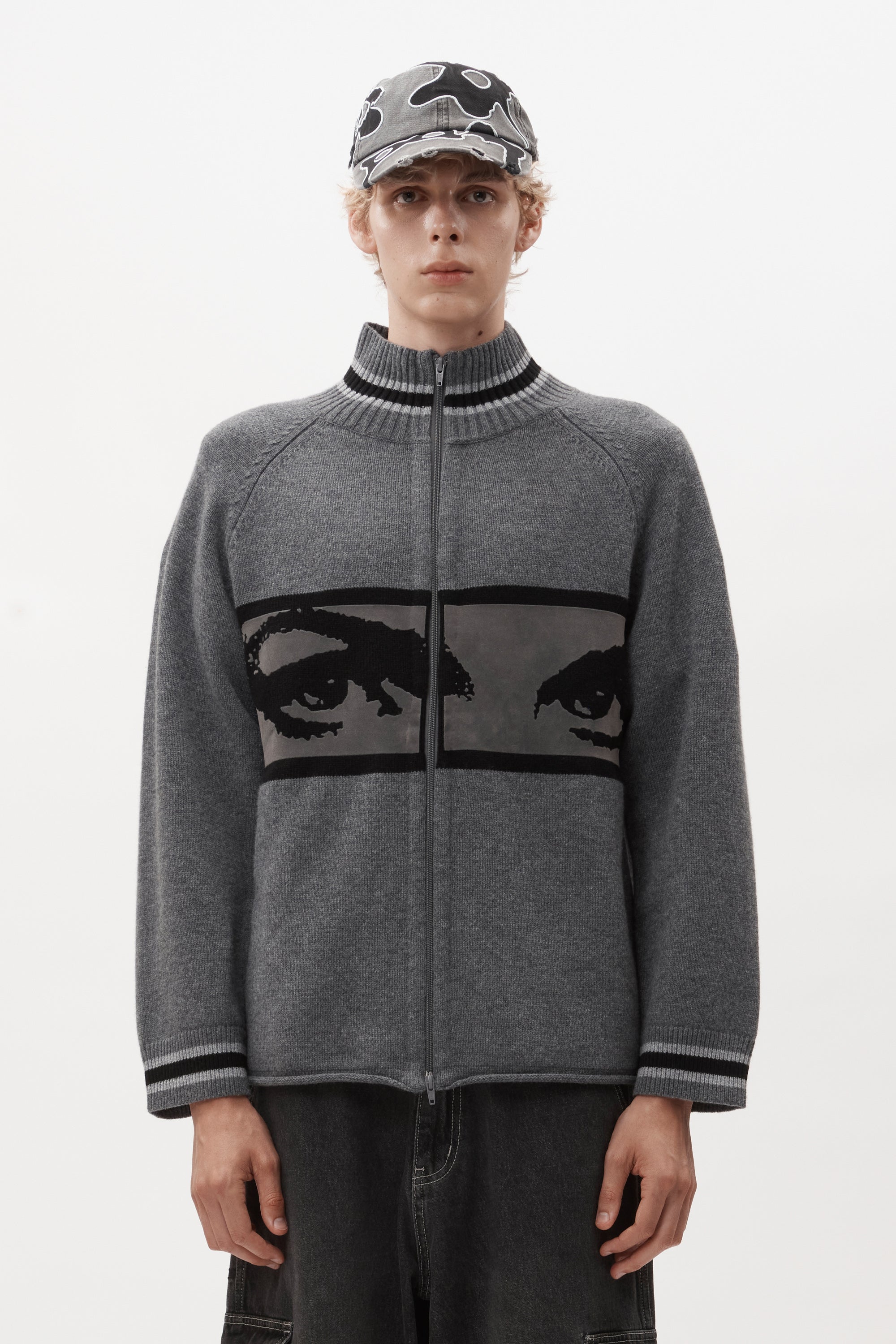 The EYES ZIP THRU KNIT CARDIGAN available online with global shipping, and in PAM Stores Melbourne and Sydney.