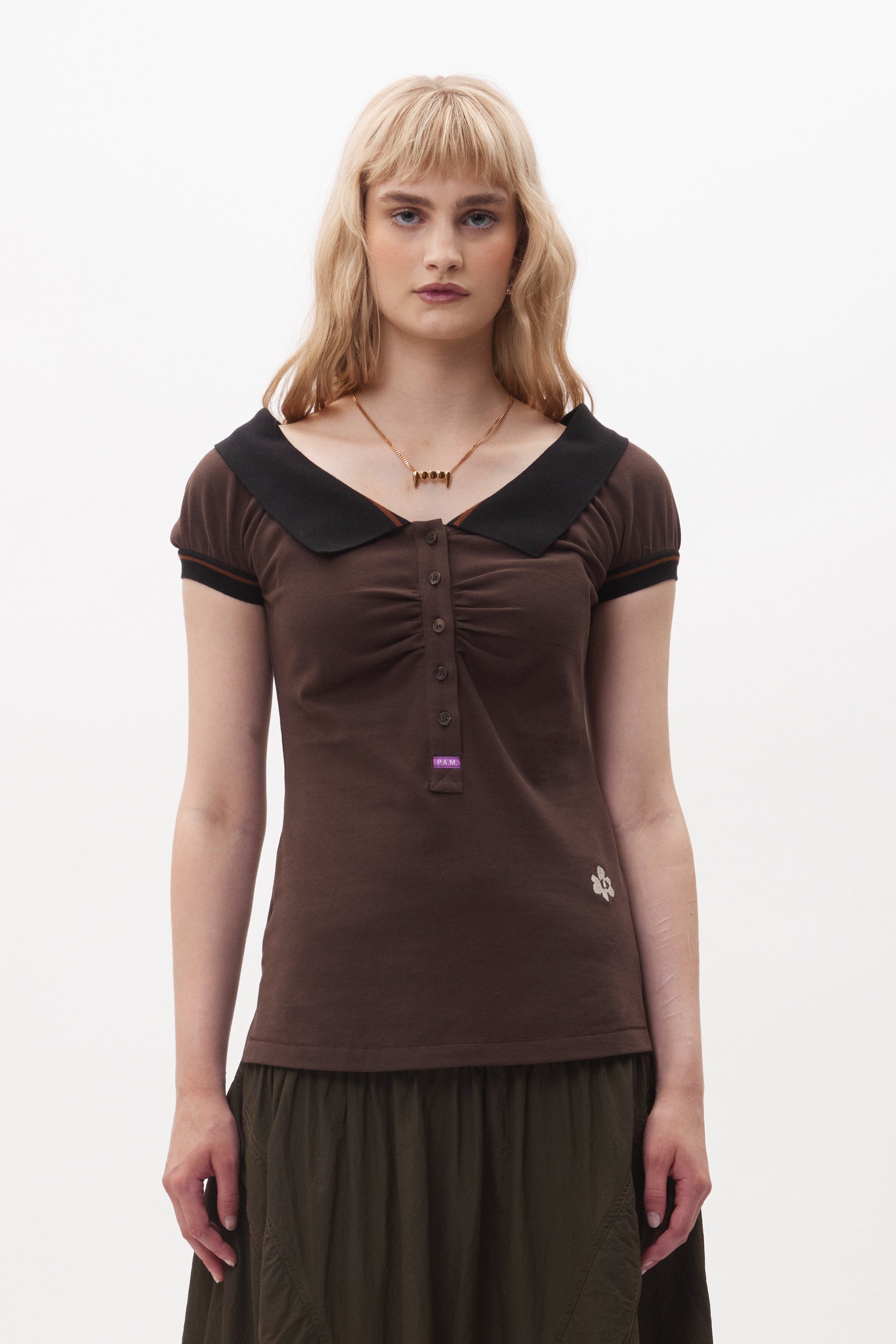 The TWIN OAKS WIDE NECK POLO available online with global shipping, and in PAM Stores Melbourne and Sydney.