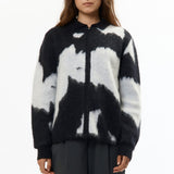 The MOHAIR KNITTED COW ZIP-UP JACKET available online with global shipping, and in PAM Stores Melbourne and Sydney.