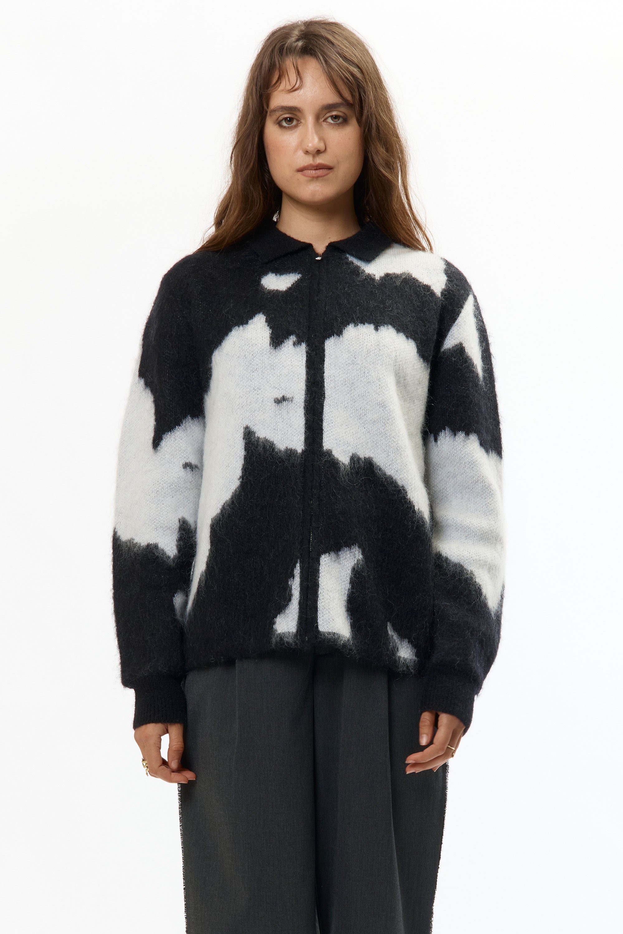 The MOHAIR KNITTED COW ZIP-UP JACKET available online with global shipping, and in PAM Stores Melbourne and Sydney.