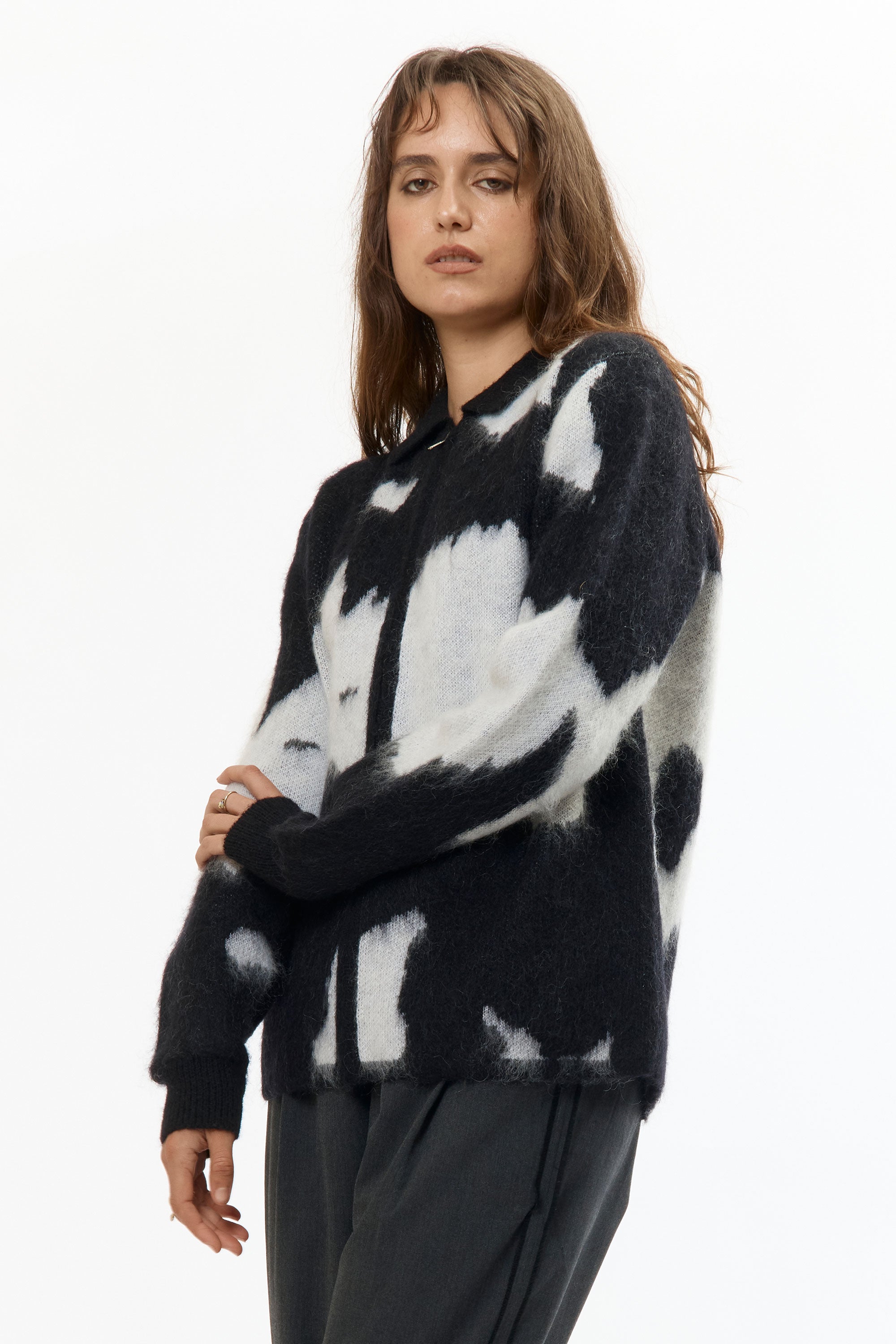 The MOHAIR KNITTED COW ZIP-UP JACKET available online with global shipping, and in PAM Stores Melbourne and Sydney.
