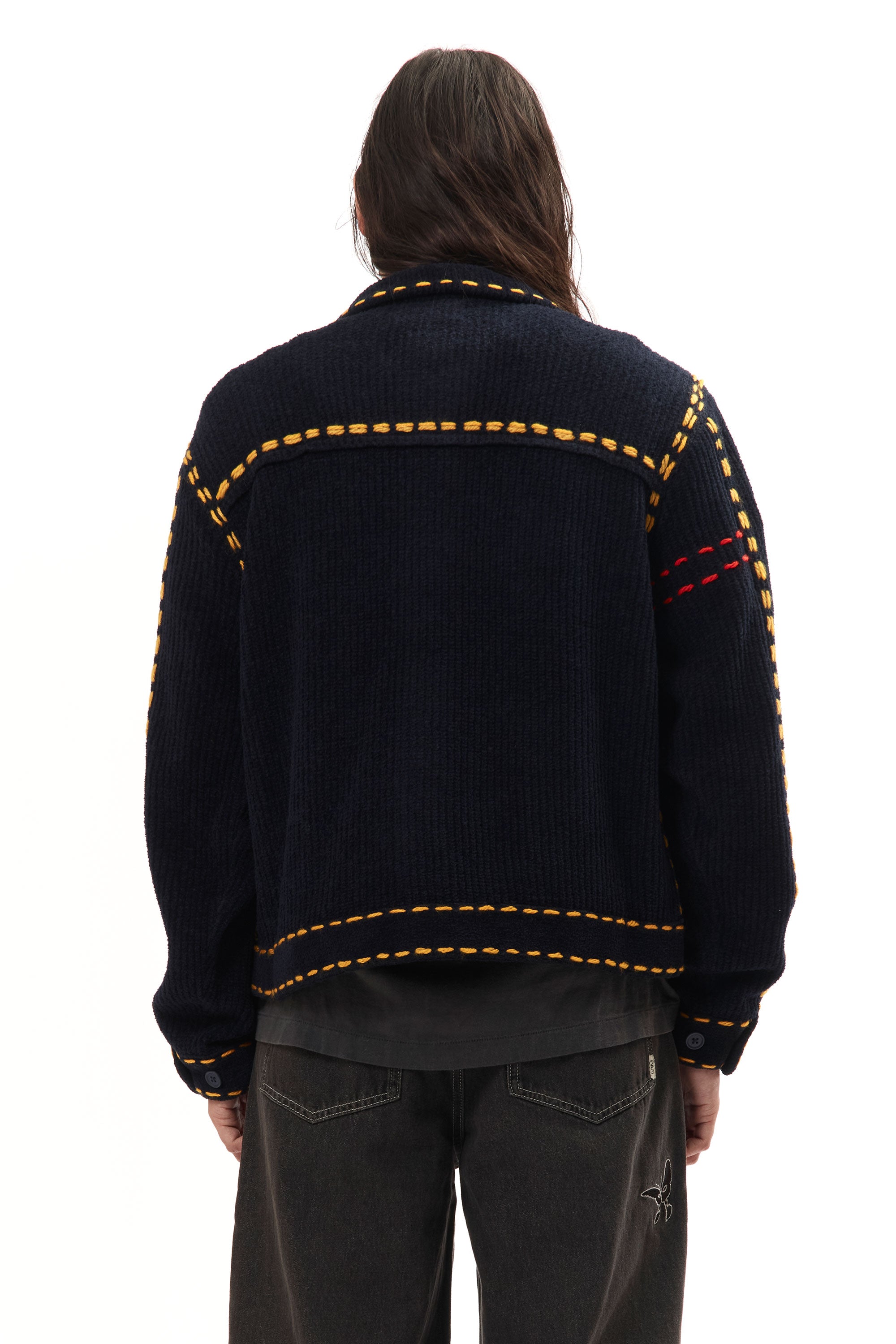 The PG1 KNIT CARIGAN NAVY available online with global shipping, and in PAM Stores Melbourne and Sydney.