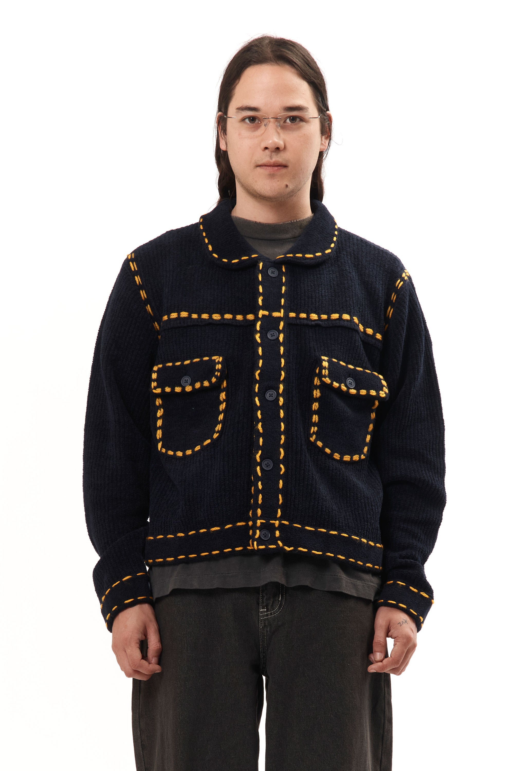 The PG1 KNIT CARIGAN NAVY available online with global shipping, and in PAM Stores Melbourne and Sydney.