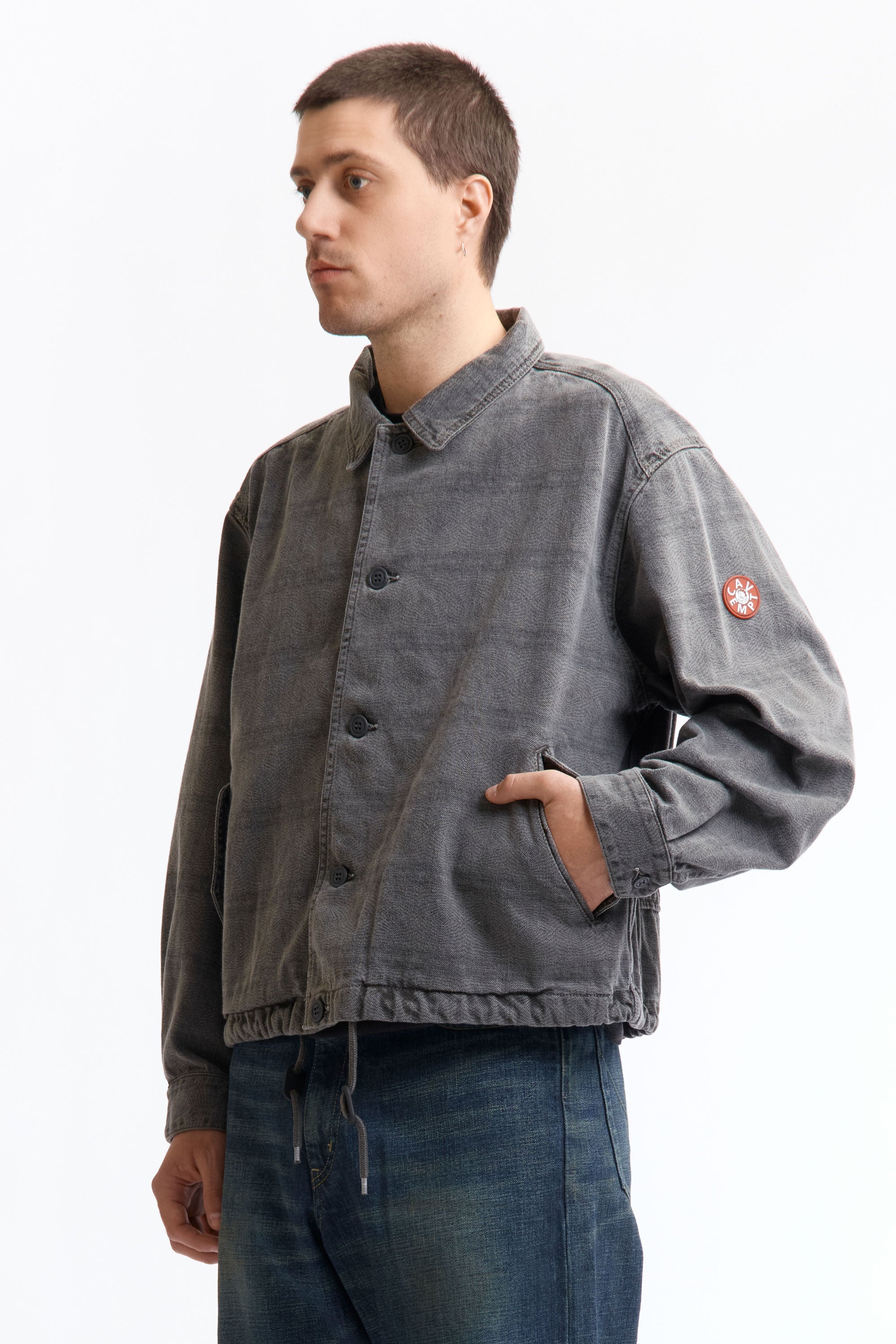 The OVERDYE FK PATTERN BUTTON JACKET CHARCOAL available online with global shipping, and in PAM Stores Melbourne and Sydney.