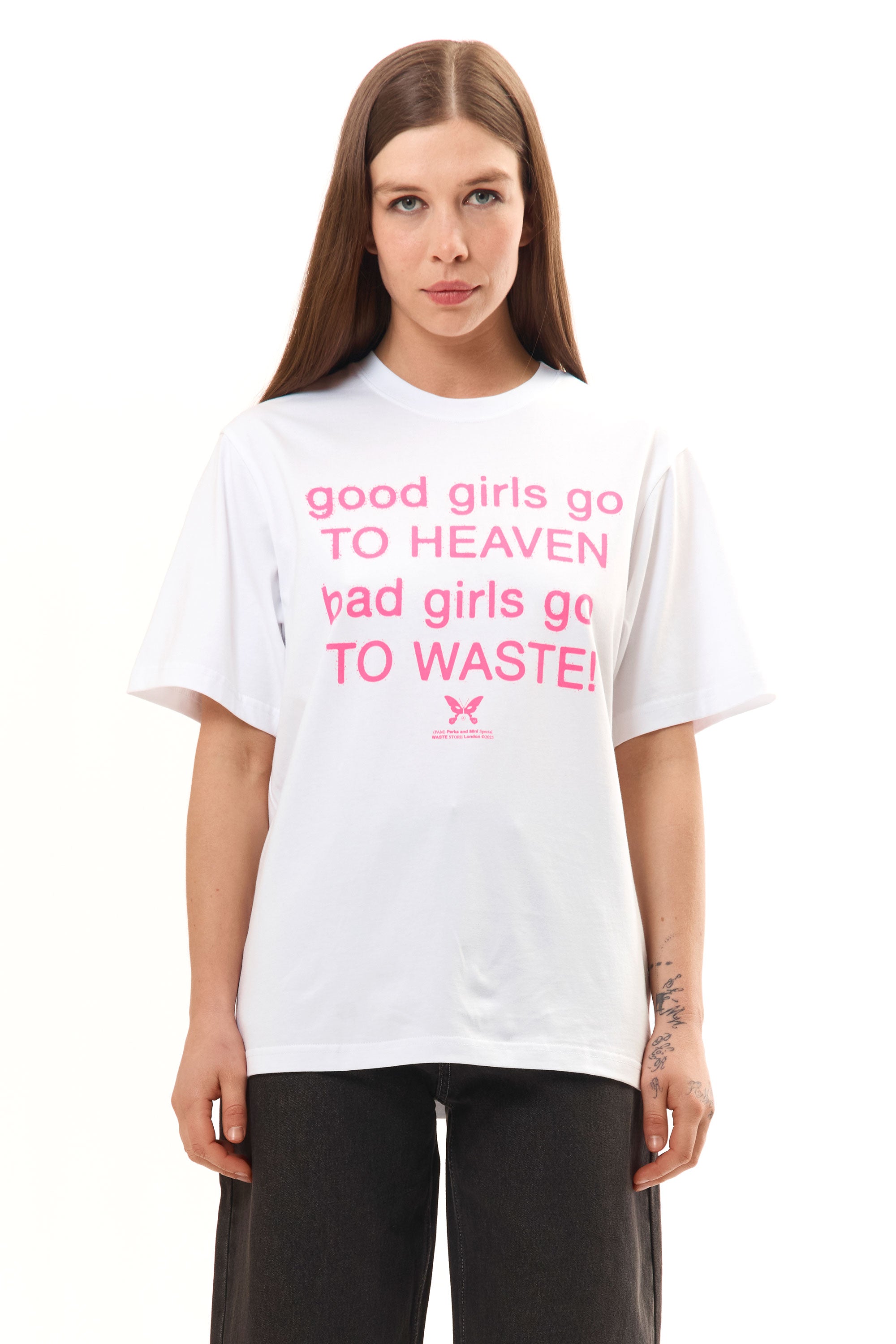 The PAM x WASTE - GOOD GIRLS TEE WHITE available online with global shipping, and in PAM Stores Melbourne and Sydney.