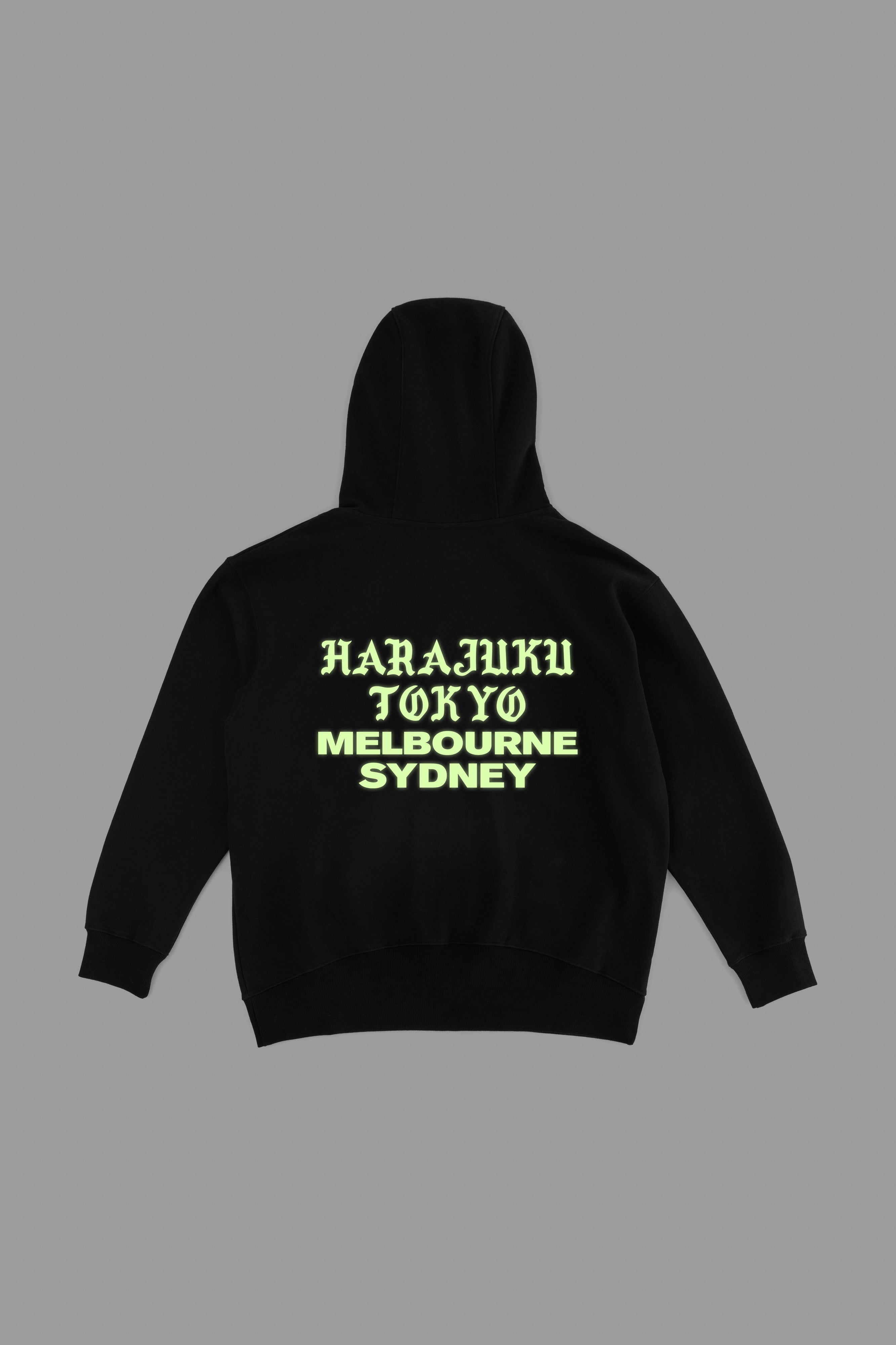 The HOODED SWEAT (GLOW)  available online with global shipping, and in PAM Stores Melbourne and Sydney.