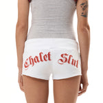 The CHALET SLUT SHORTS WHITE available online with global shipping, and in PAM Stores Melbourne and Sydney.