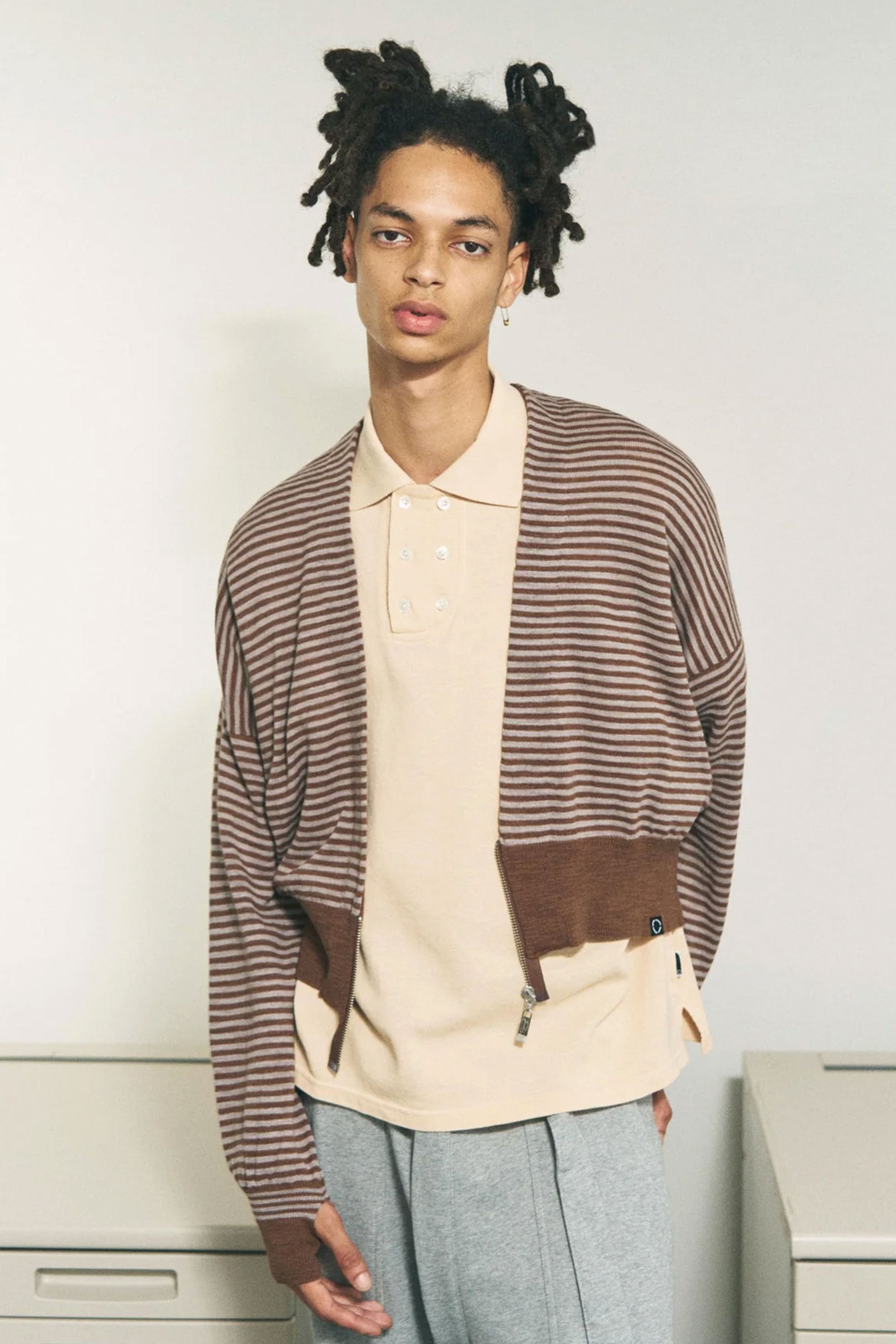 SLAB GAUZE KNIT BOLERO STRIPE BROWN GREY – P.A.M. (Perks And Mini)