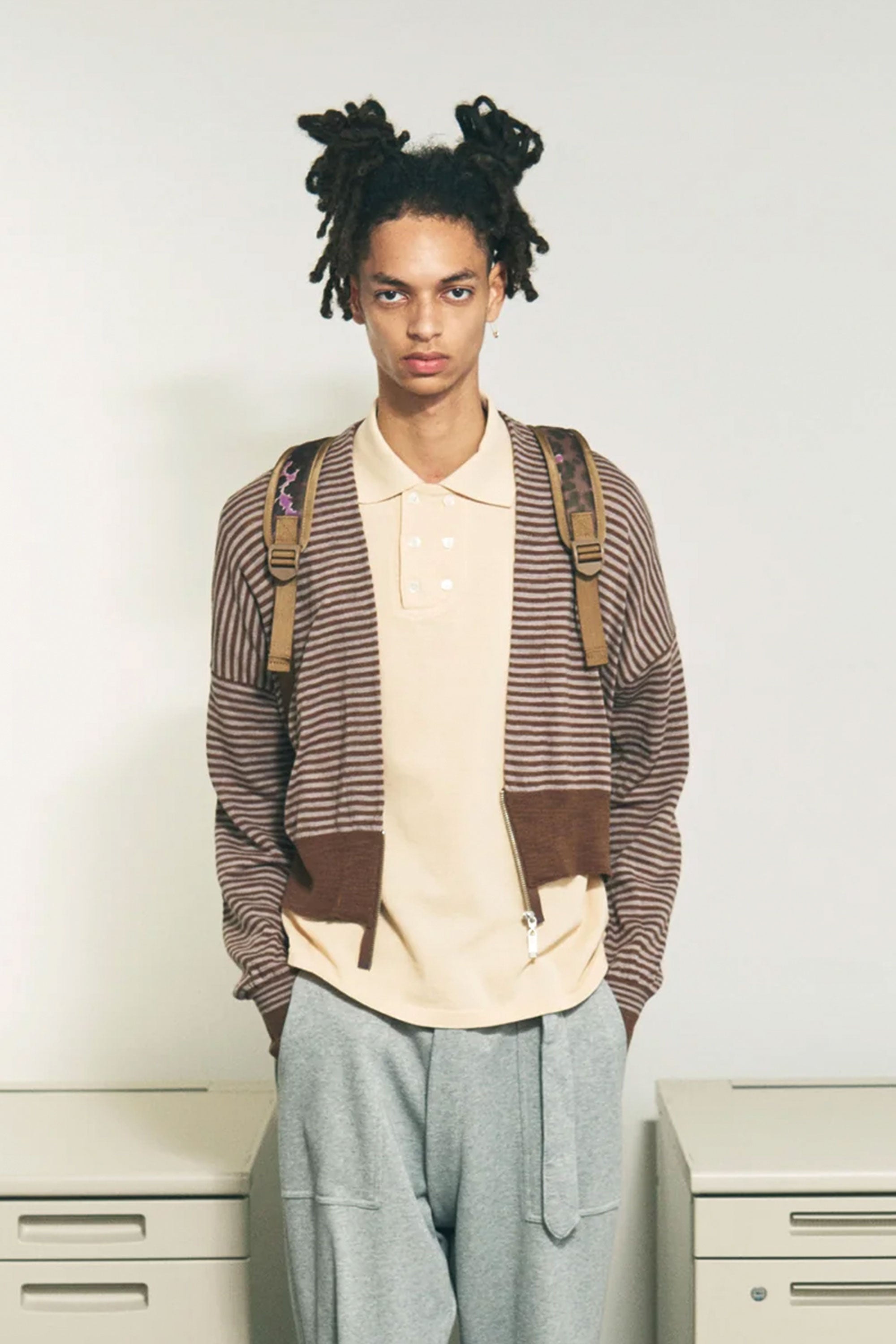 The SLAB GAUZE KNIT BOLERO STRIPE BROWN GREY available online with global shipping, and in PAM Stores Melbourne and Sydney.