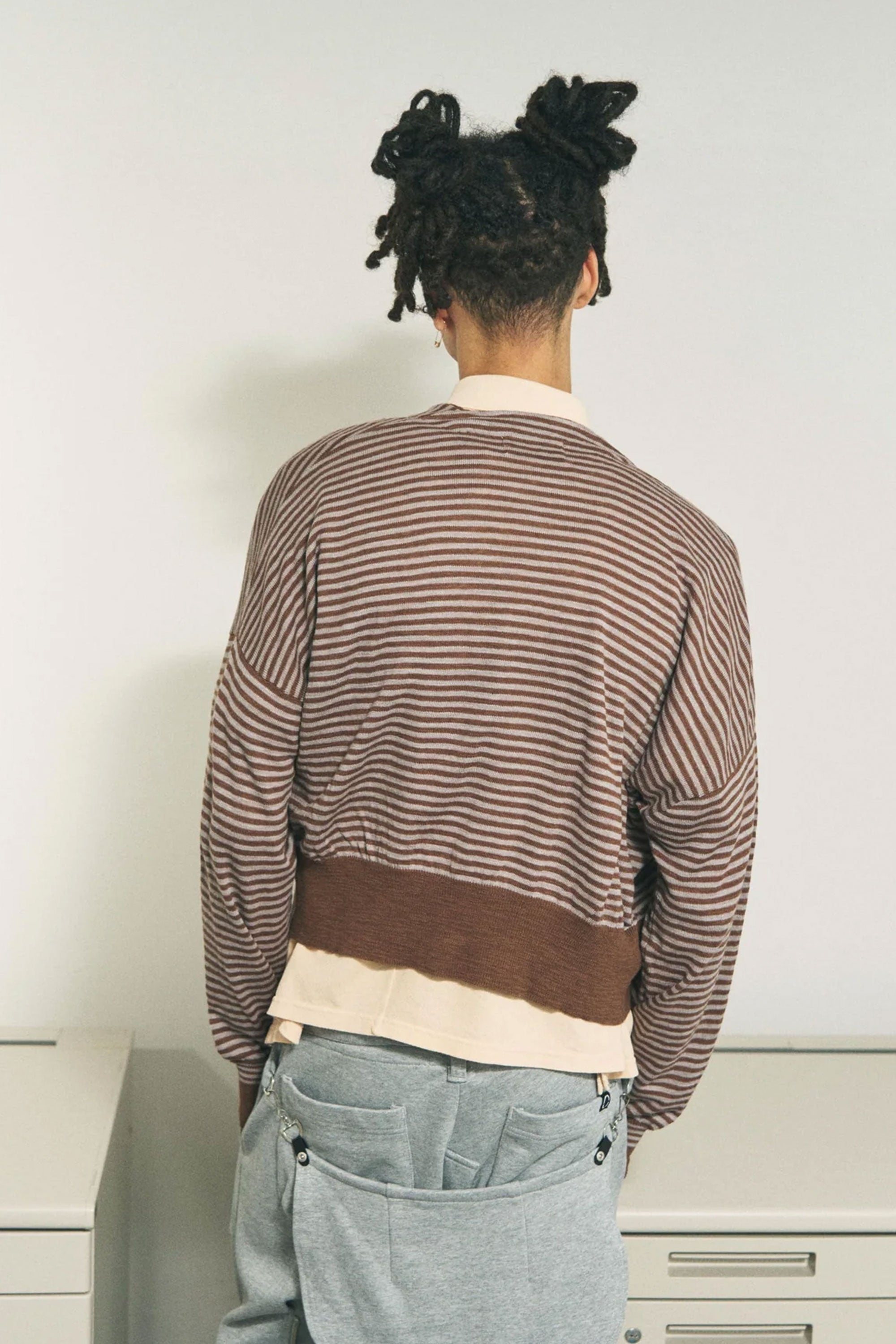 The SLAB GAUZE KNIT BOLERO STRIPE BROWN GREY available online with global shipping, and in PAM Stores Melbourne and Sydney.