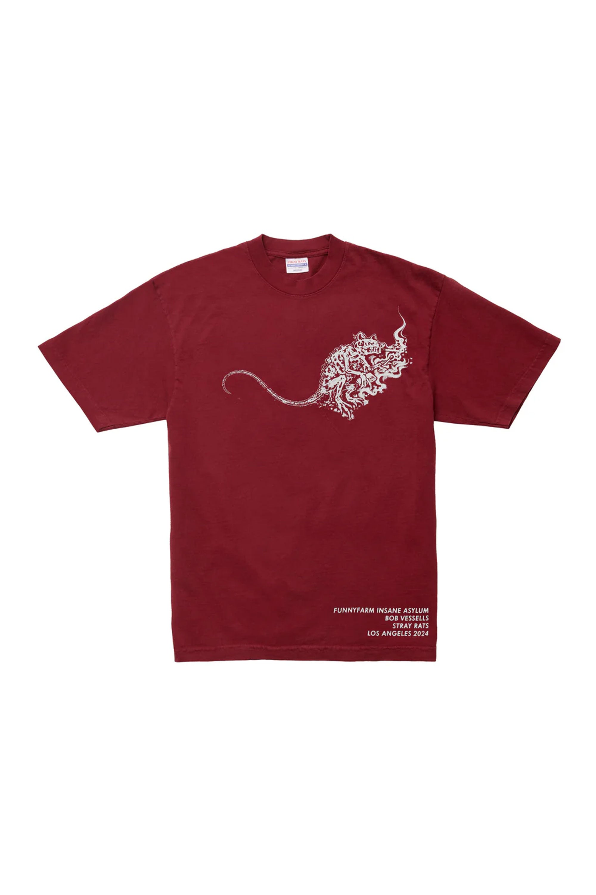 The STRAY RATS - SMOKING RAT TEE MAROON available online with global shipping, and in PAM Stores Melbourne and Sydney.