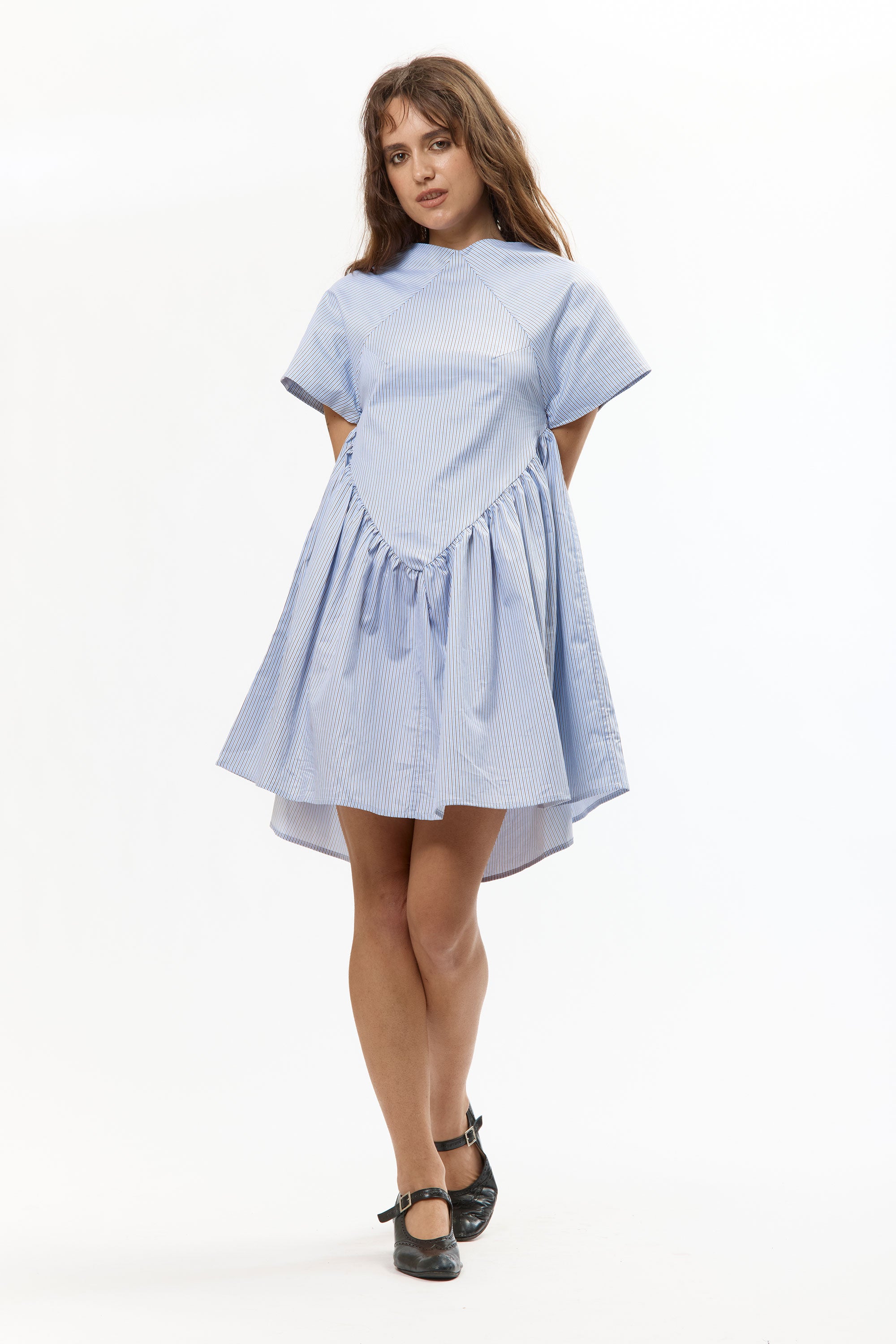 The PINSTRIPE DIAMOND BABYDOLL DRESS (BIAS CUT) available online with global shipping, and in PAM Stores Melbourne and Sydney.