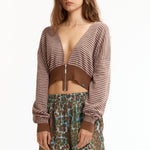 The SLAB GAUZE KNIT BOLERO STRIPE BROWN GREY available online with global shipping, and in PAM Stores Melbourne and Sydney.