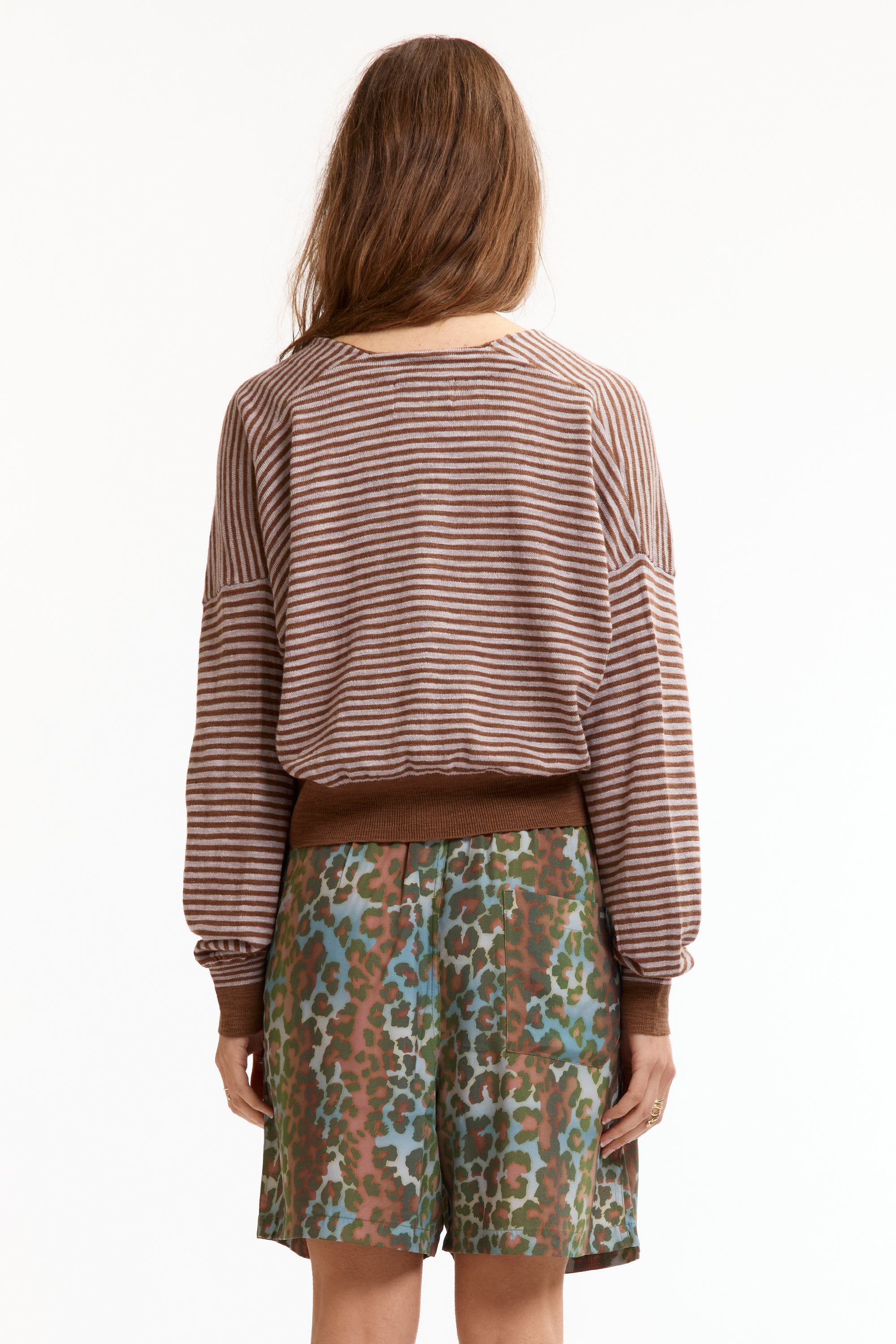 The SLAB GAUZE KNIT BOLERO STRIPE BROWN GREY available online with global shipping, and in PAM Stores Melbourne and Sydney.