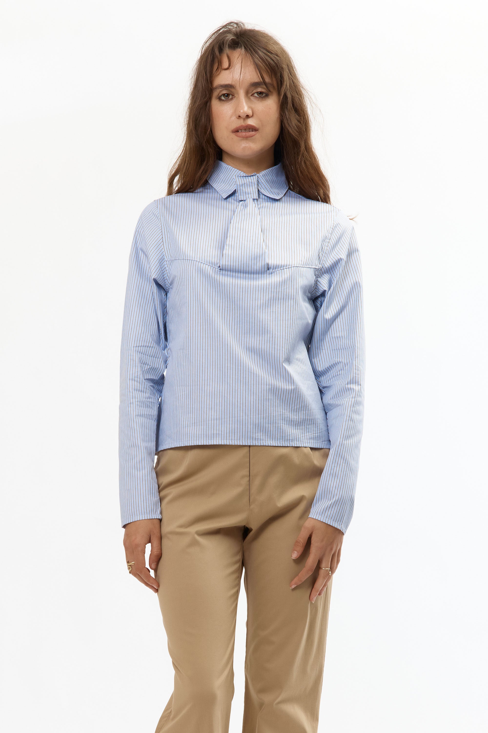 The PINSTRIPE FAUX TIE BLOUSE available online with global shipping, and in PAM Stores Melbourne and Sydney.