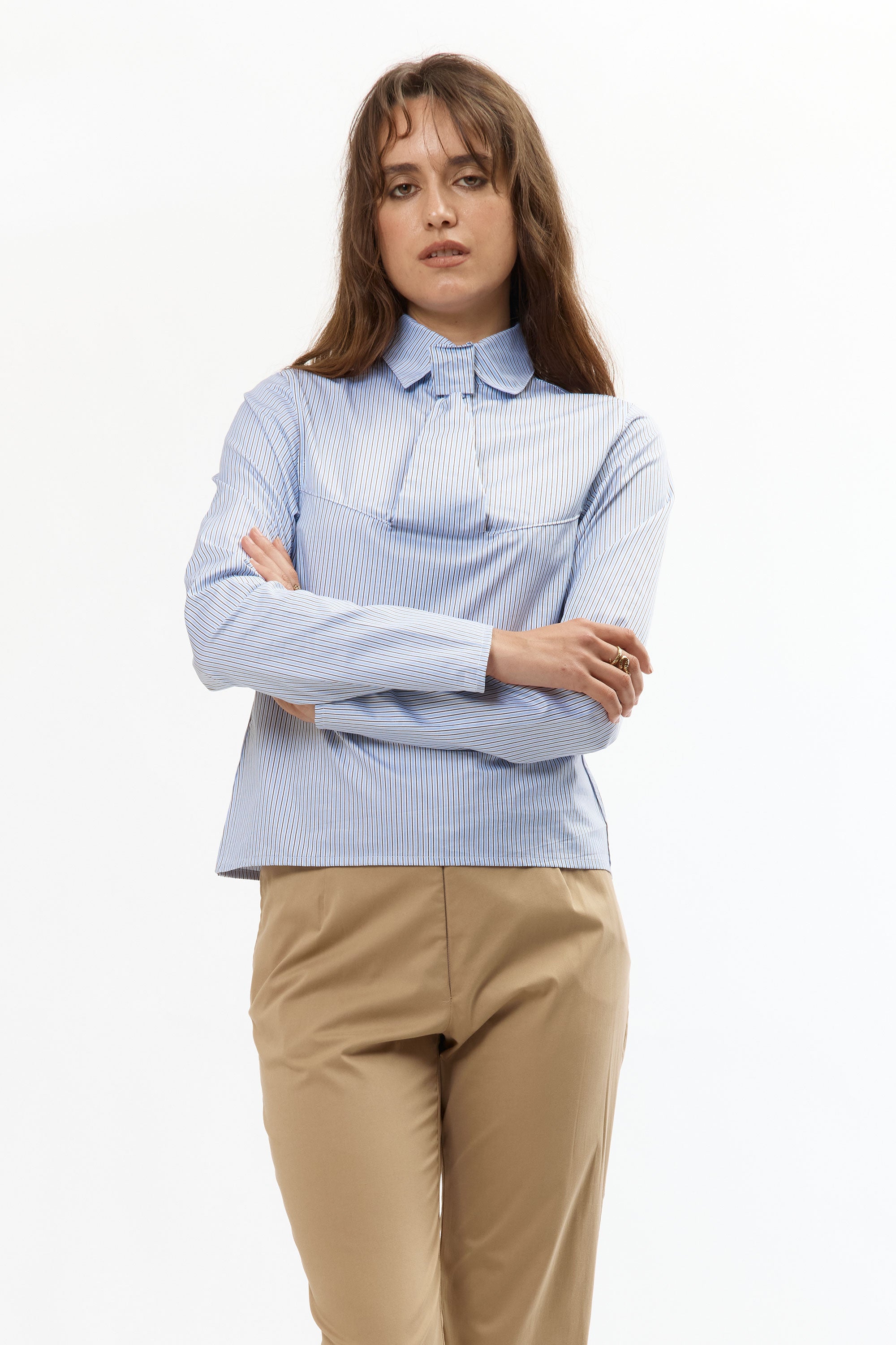 The PINSTRIPE FAUX TIE BLOUSE available online with global shipping, and in PAM Stores Melbourne and Sydney.