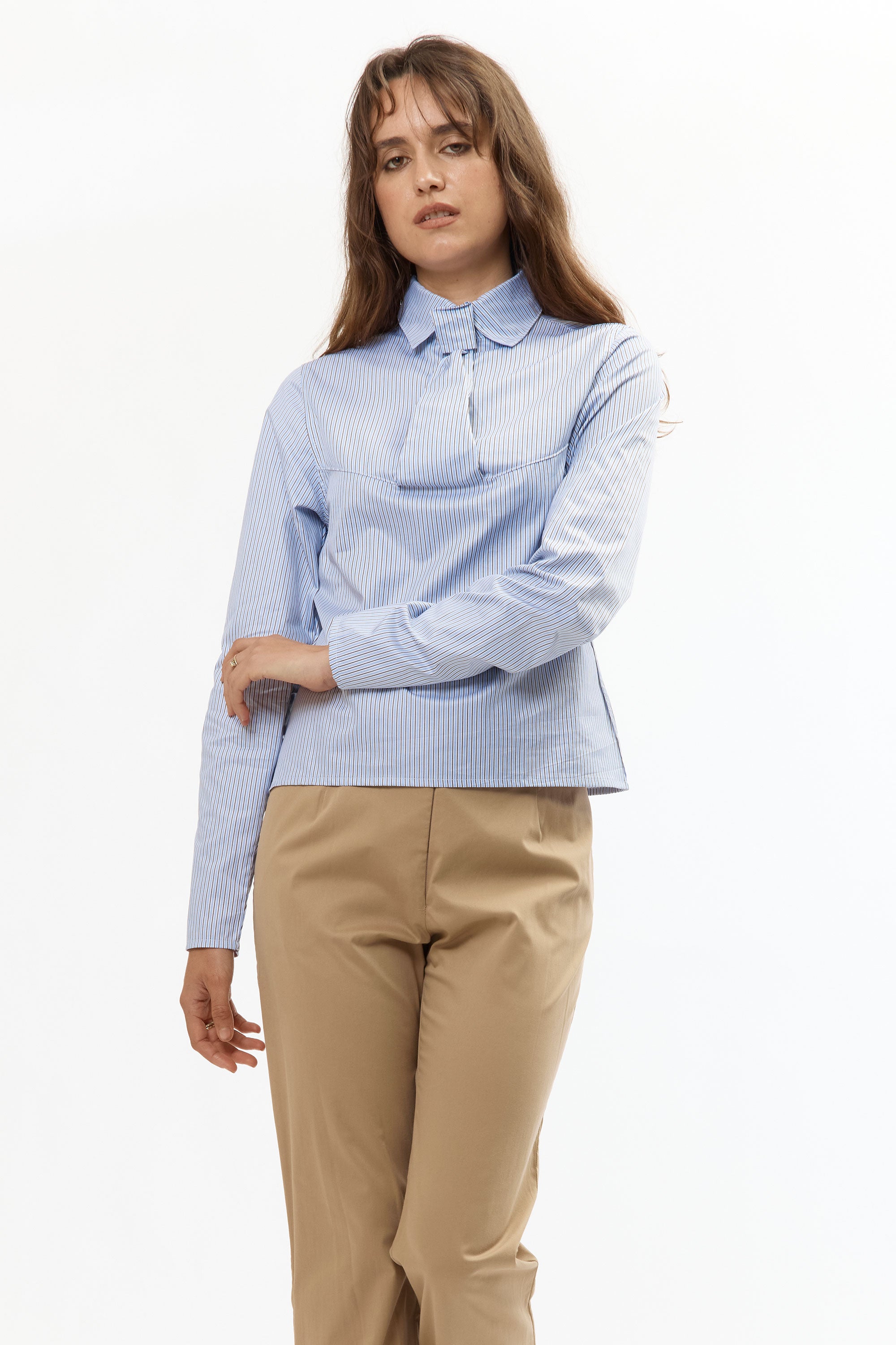 The PINSTRIPE FAUX TIE BLOUSE available online with global shipping, and in PAM Stores Melbourne and Sydney.
