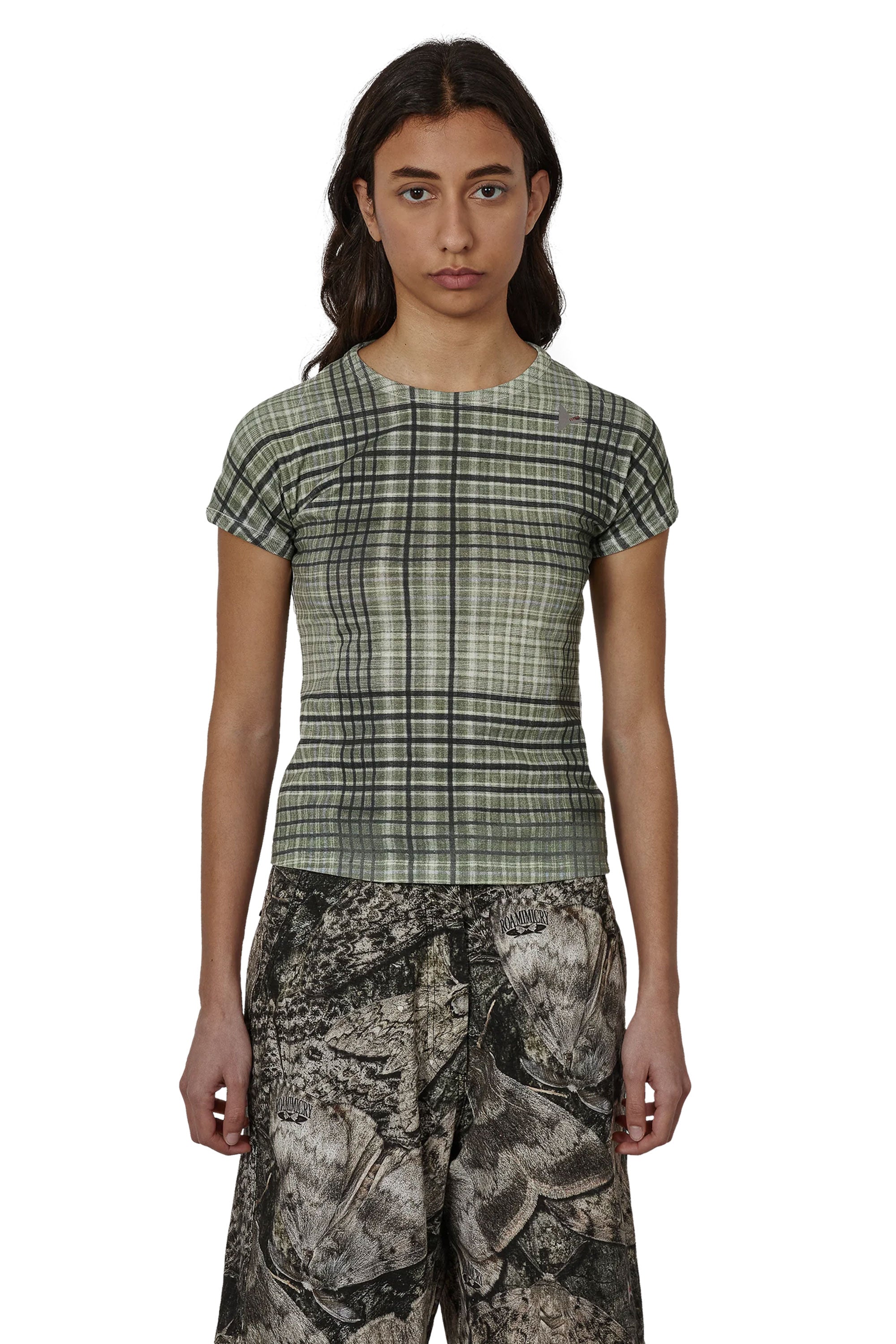 The Taba Printed Check Ribbed Baby Tee Sage Green available online with global shipping, and in PAM Stores Melbourne and Sydney.