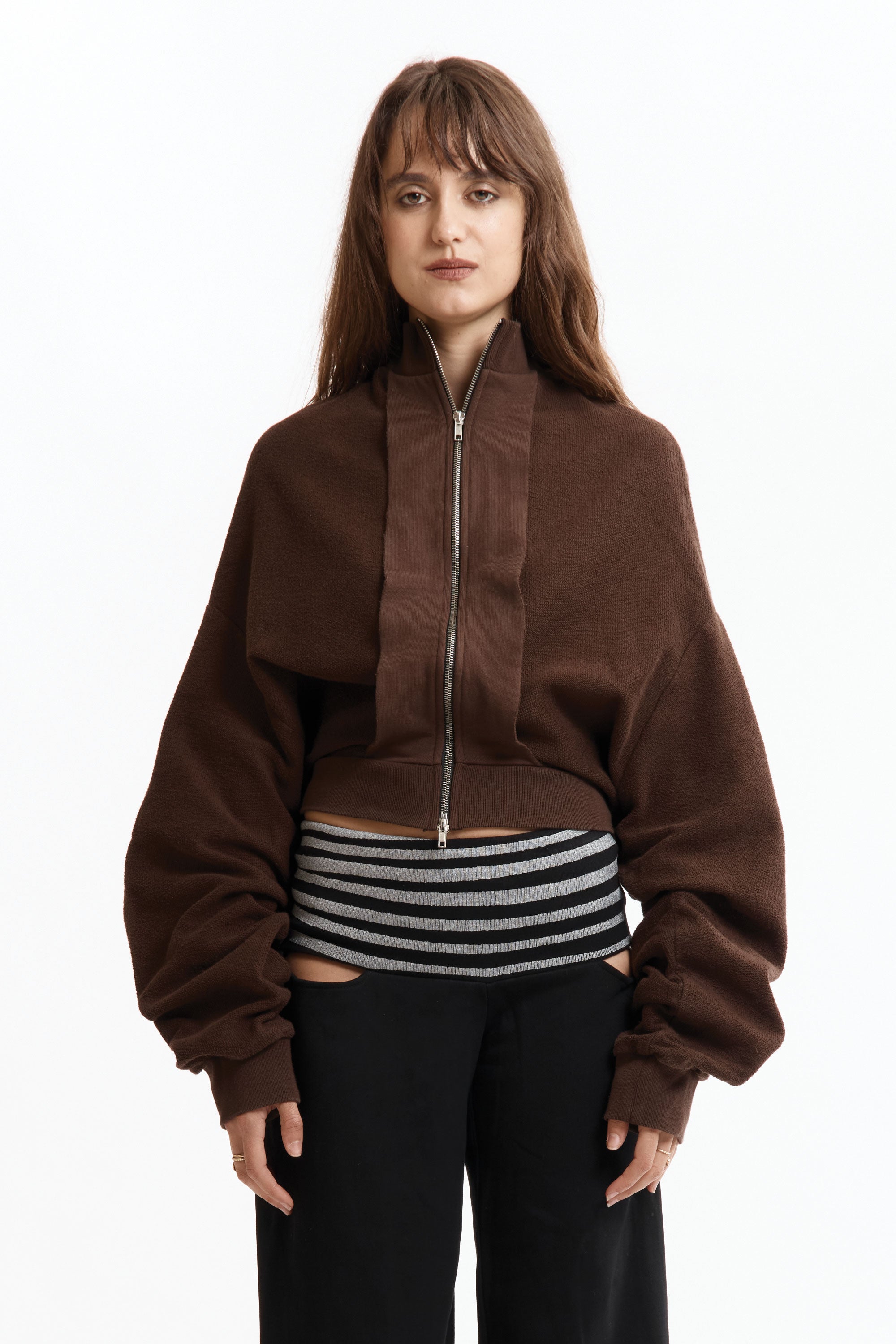 The UPSIDE DOWN ZIP SWEAT BROWN available online with global shipping, and in PAM Stores Melbourne and Sydney.