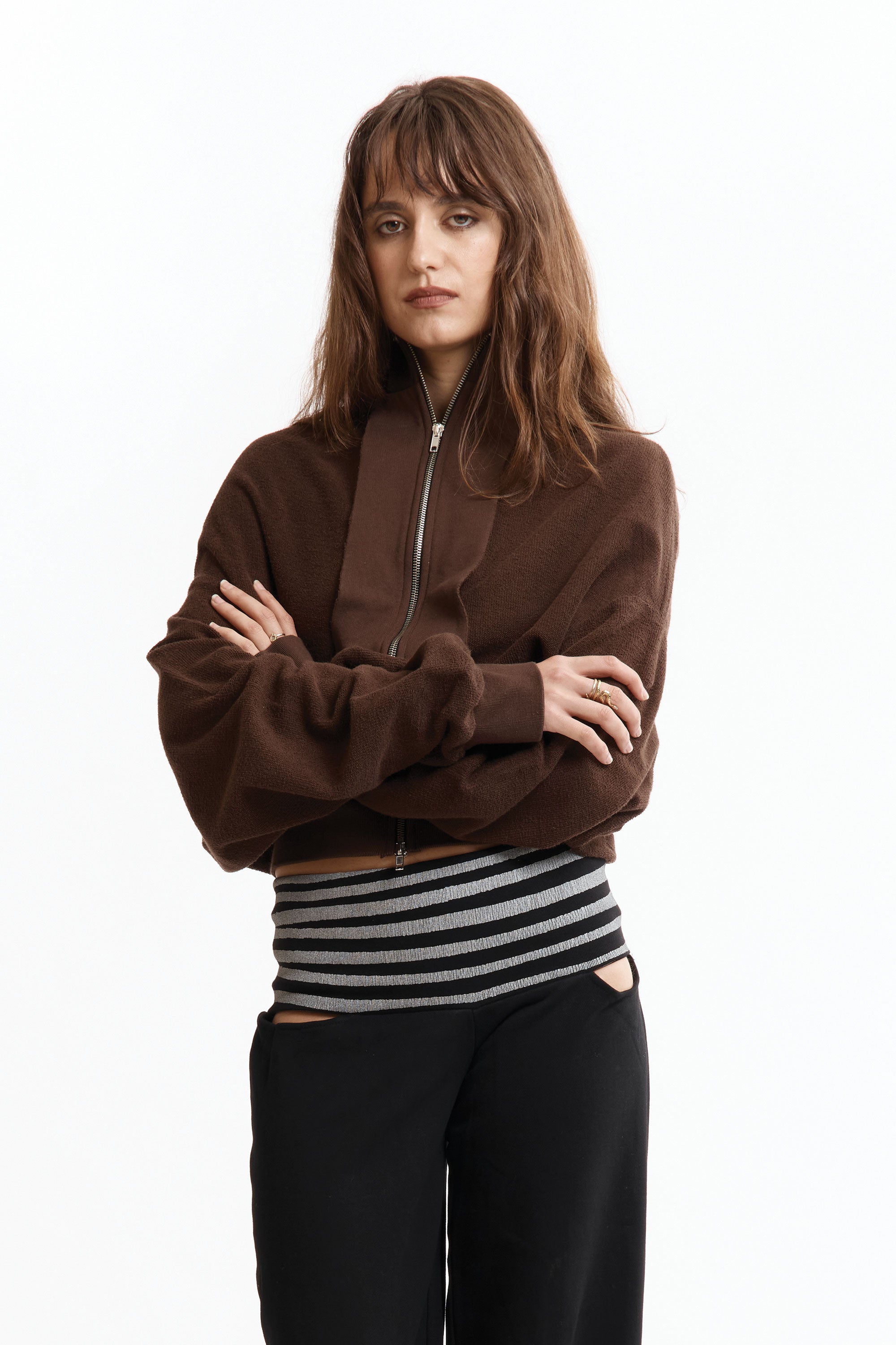 The UPSIDE DOWN ZIP SWEAT BROWN available online with global shipping, and in PAM Stores Melbourne and Sydney.