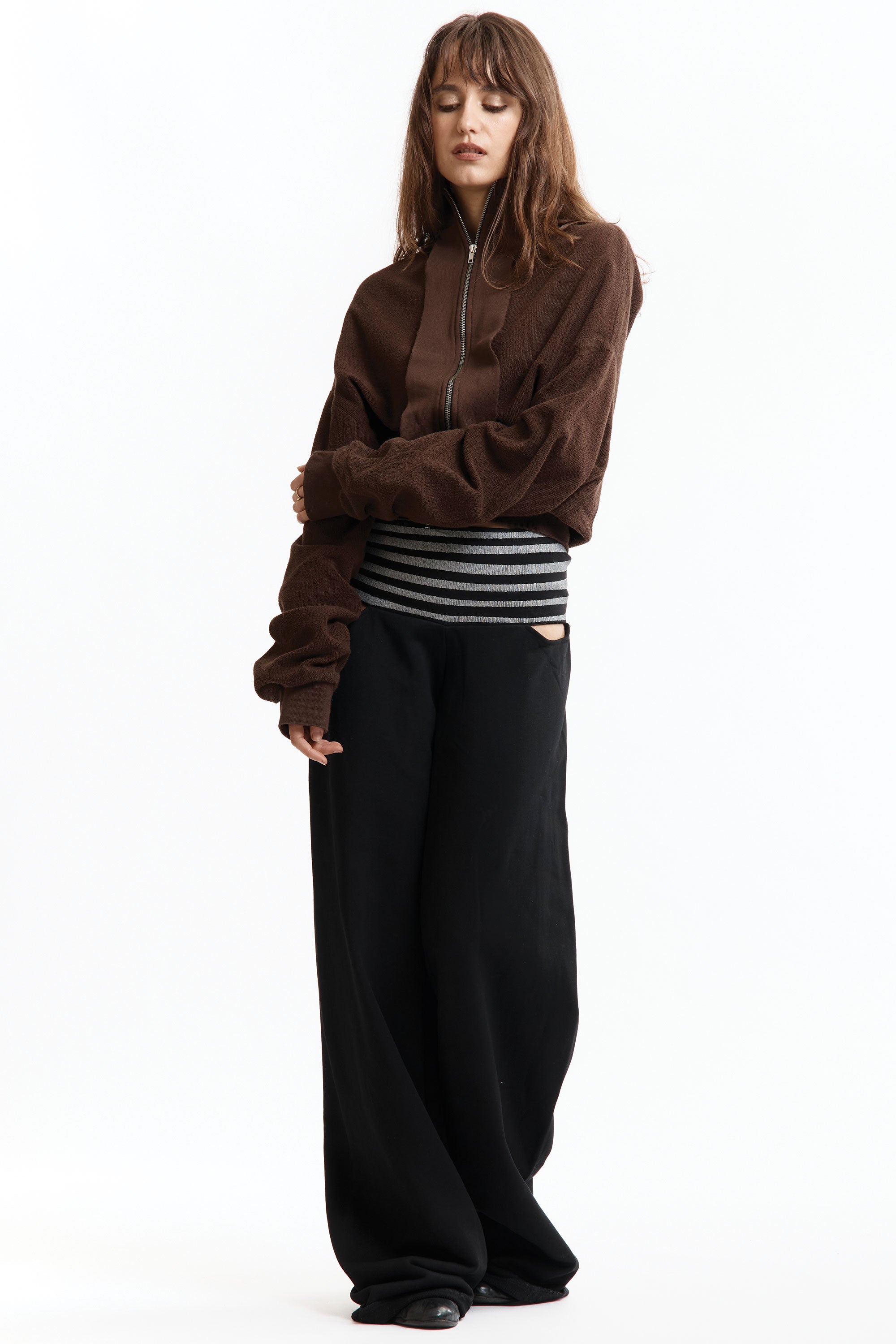 The UPSIDE DOWN ZIP SWEAT BROWN available online with global shipping, and in PAM Stores Melbourne and Sydney.
