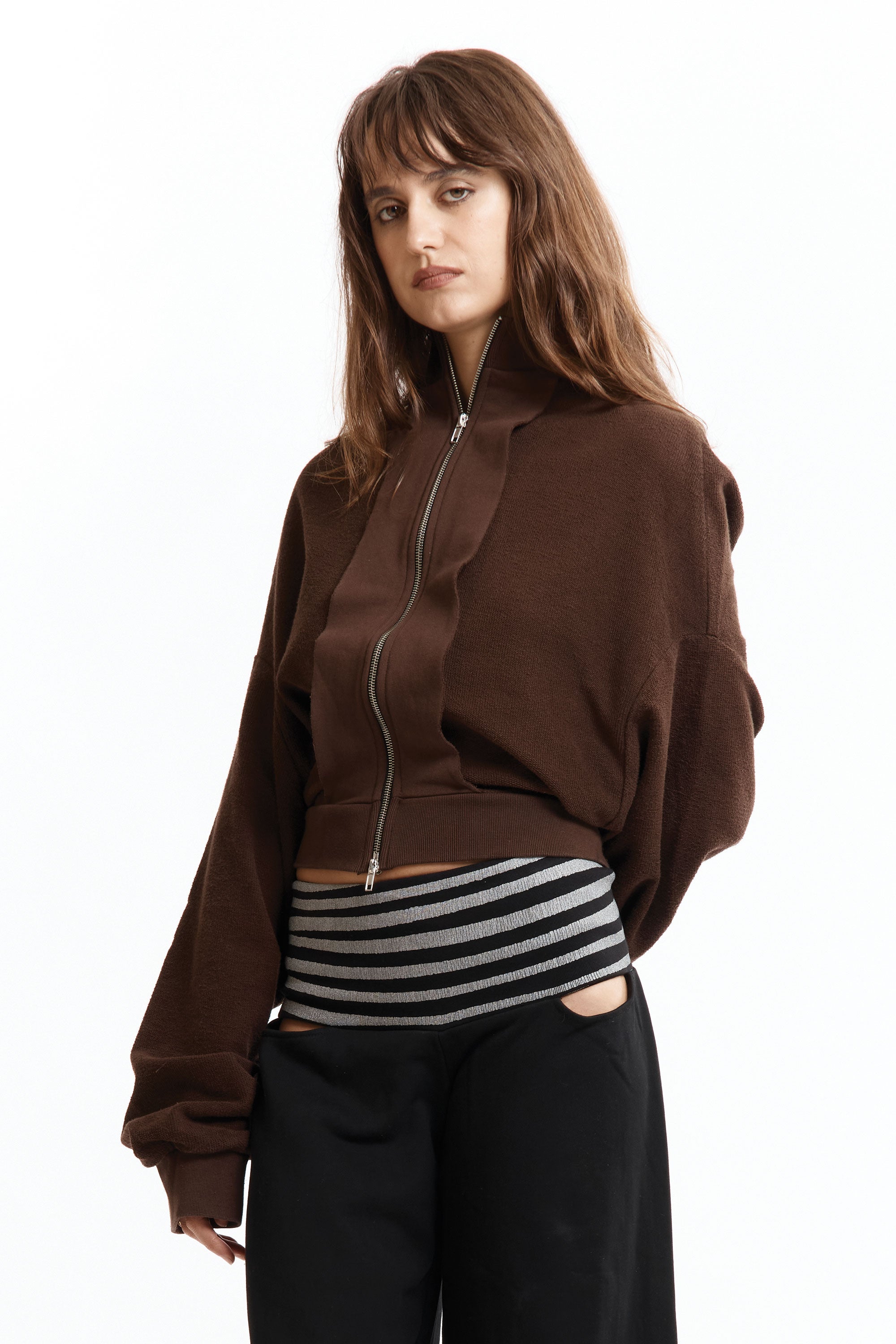The UPSIDE DOWN ZIP SWEAT BROWN available online with global shipping, and in PAM Stores Melbourne and Sydney.