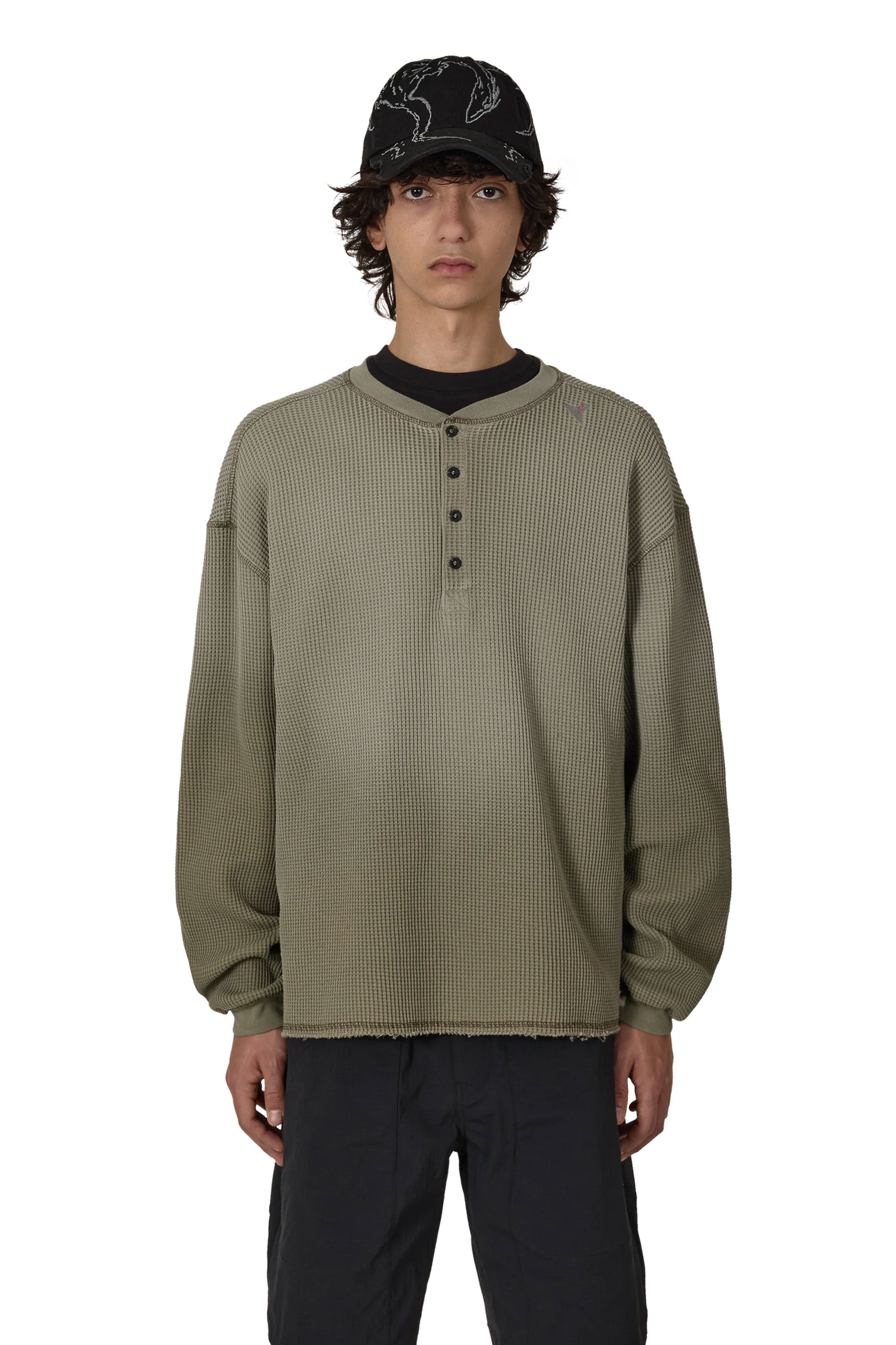 The Bee Sun Faded Organic Waffle Serafino Long Sleeve Grey Green available online with global shipping, and in PAM Stores Melbourne and Sydney.