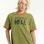 The HEAVEN - GO TO HELL RINGER T-SHIRT  available online with global shipping, and in PAM Stores Melbourne and Sydney.